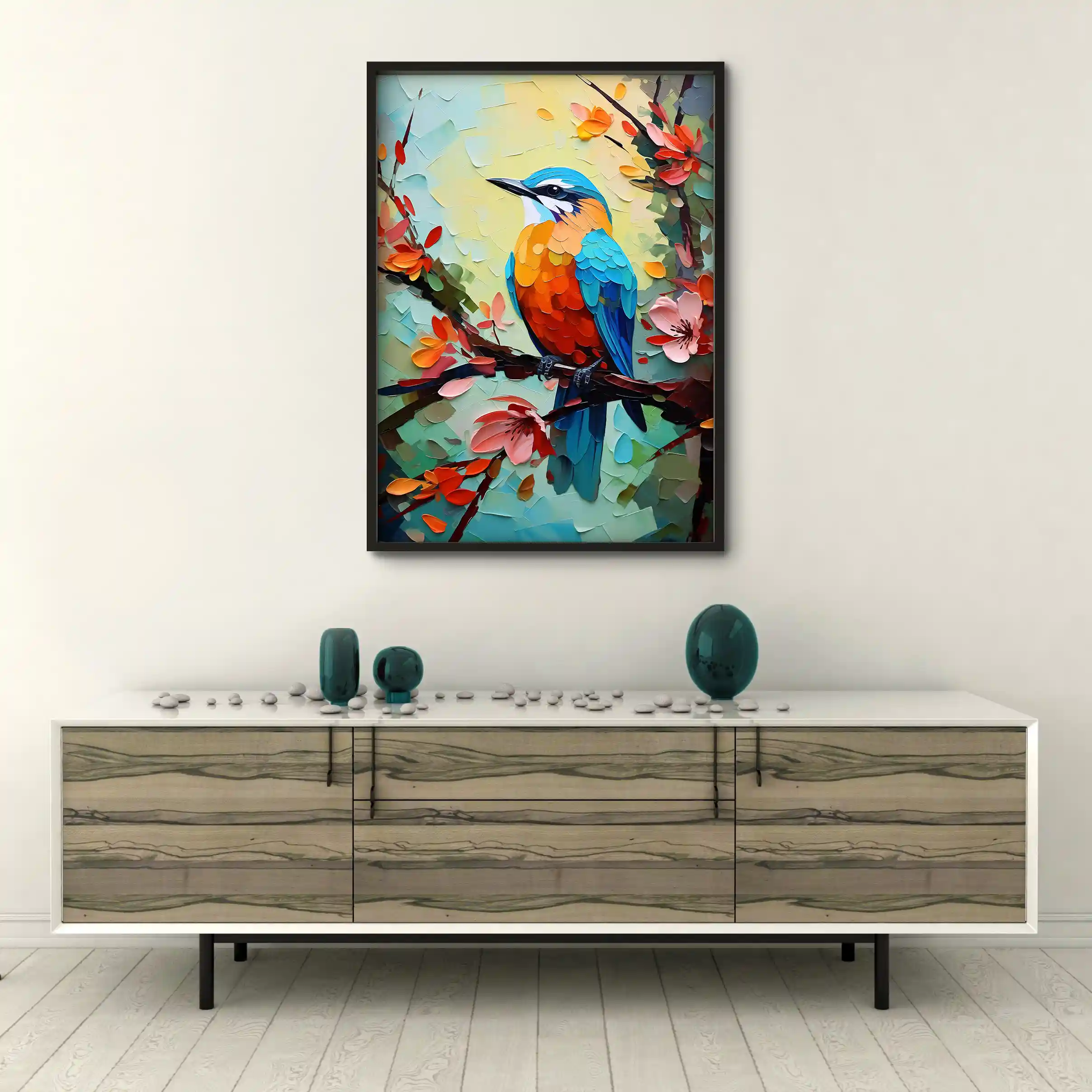 Abstract painting of colorful birds on a branch.