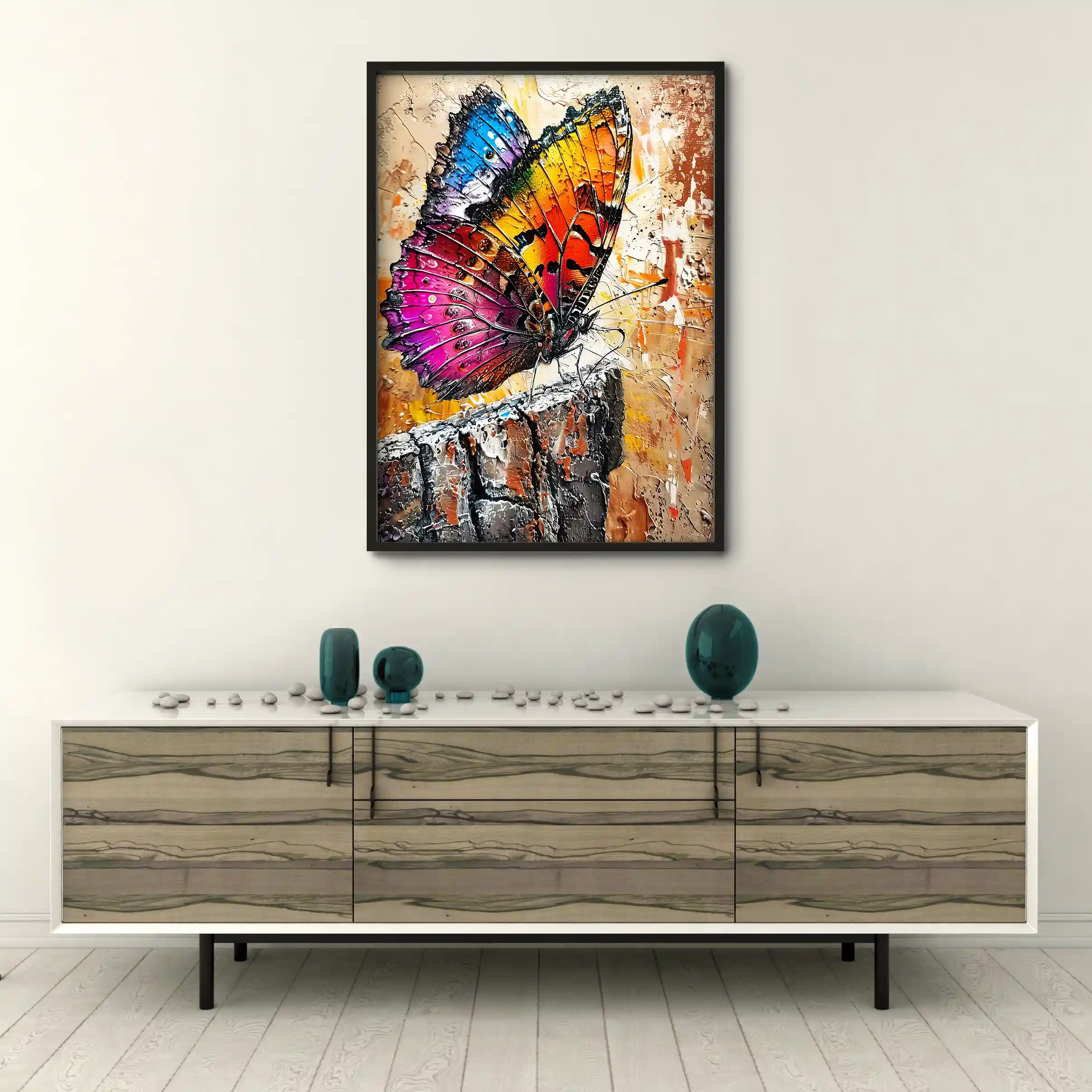 Abstract painting of a colorful butterfly.