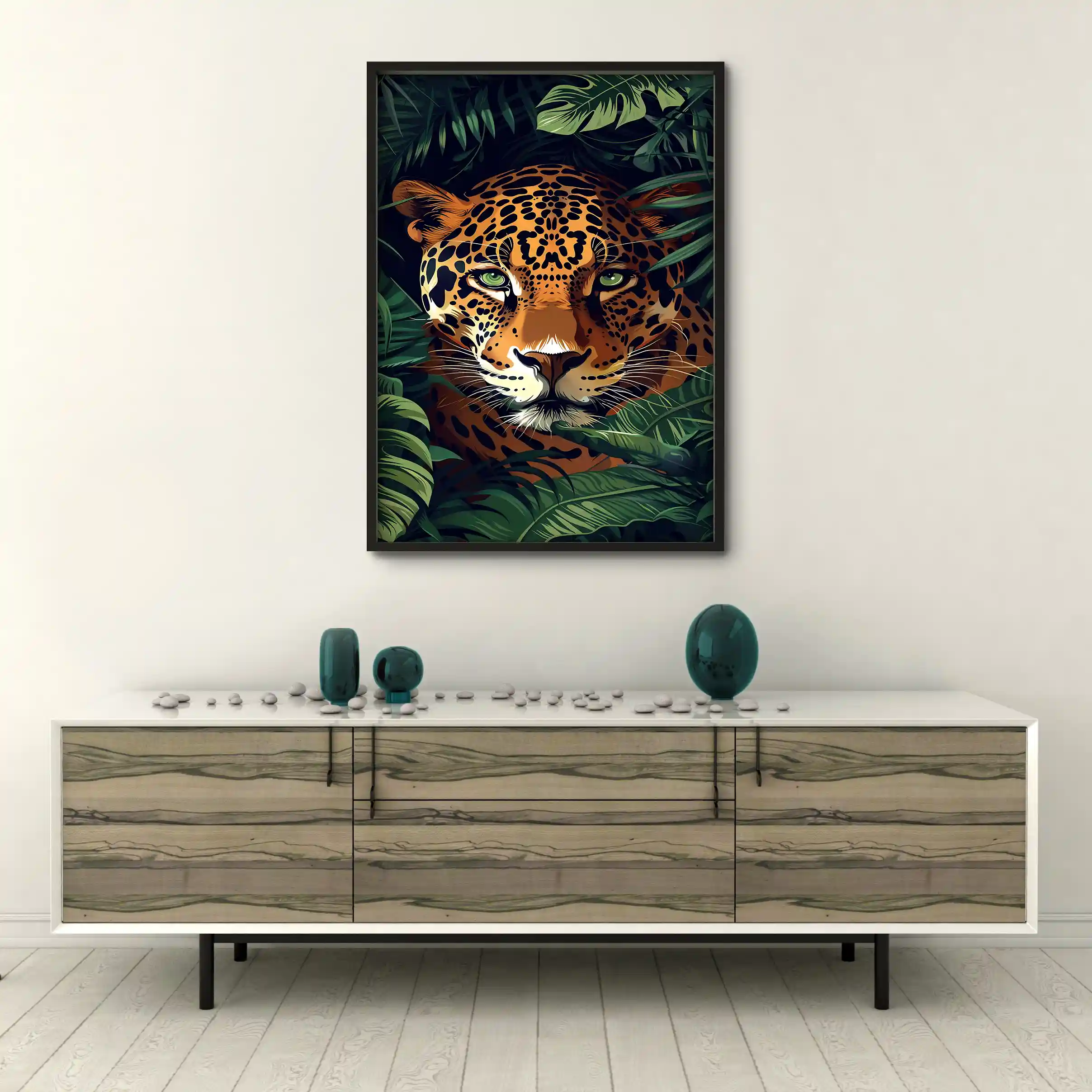 Abstract painting of a tiger in a jungle setting.