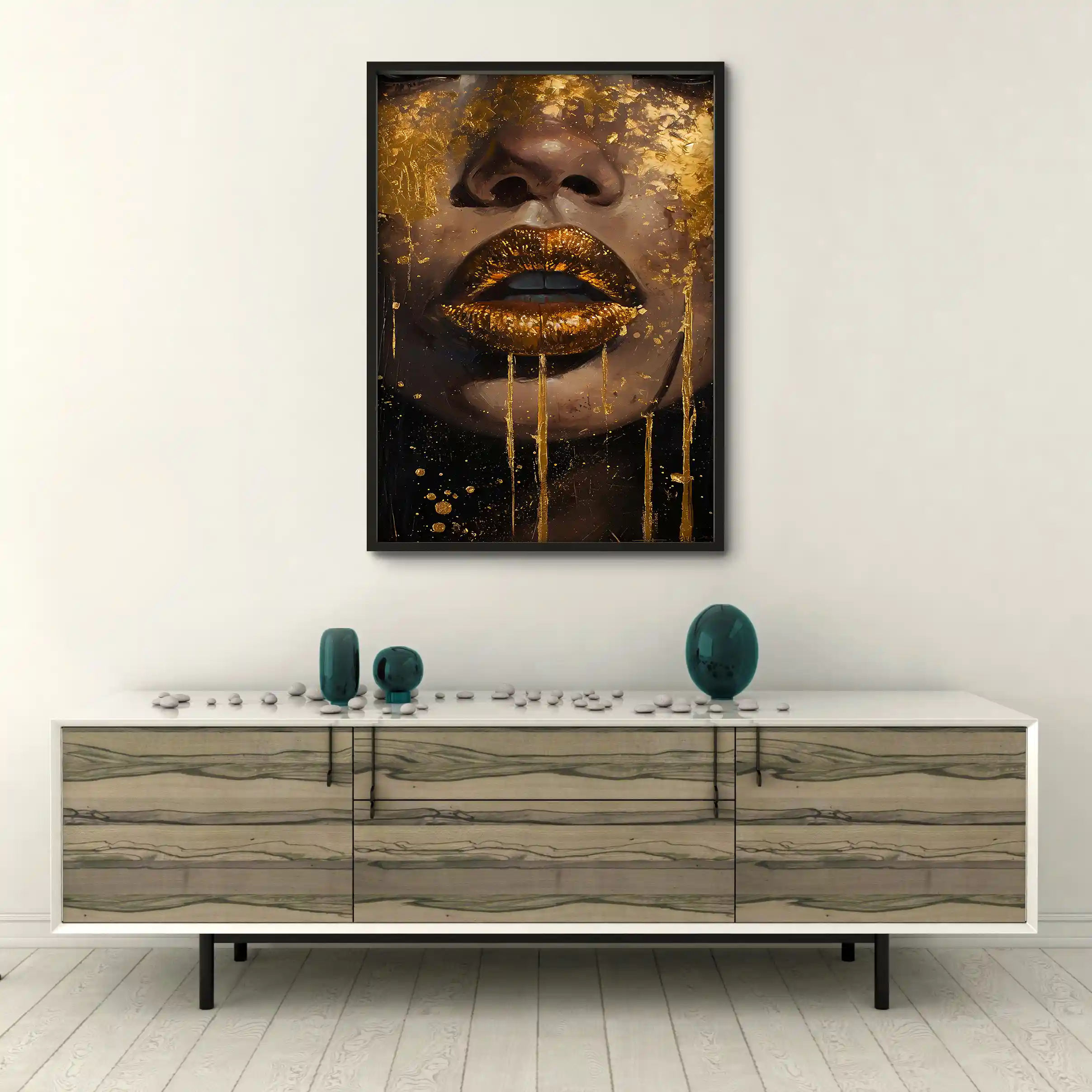 Abstract art of a face with gold accents.