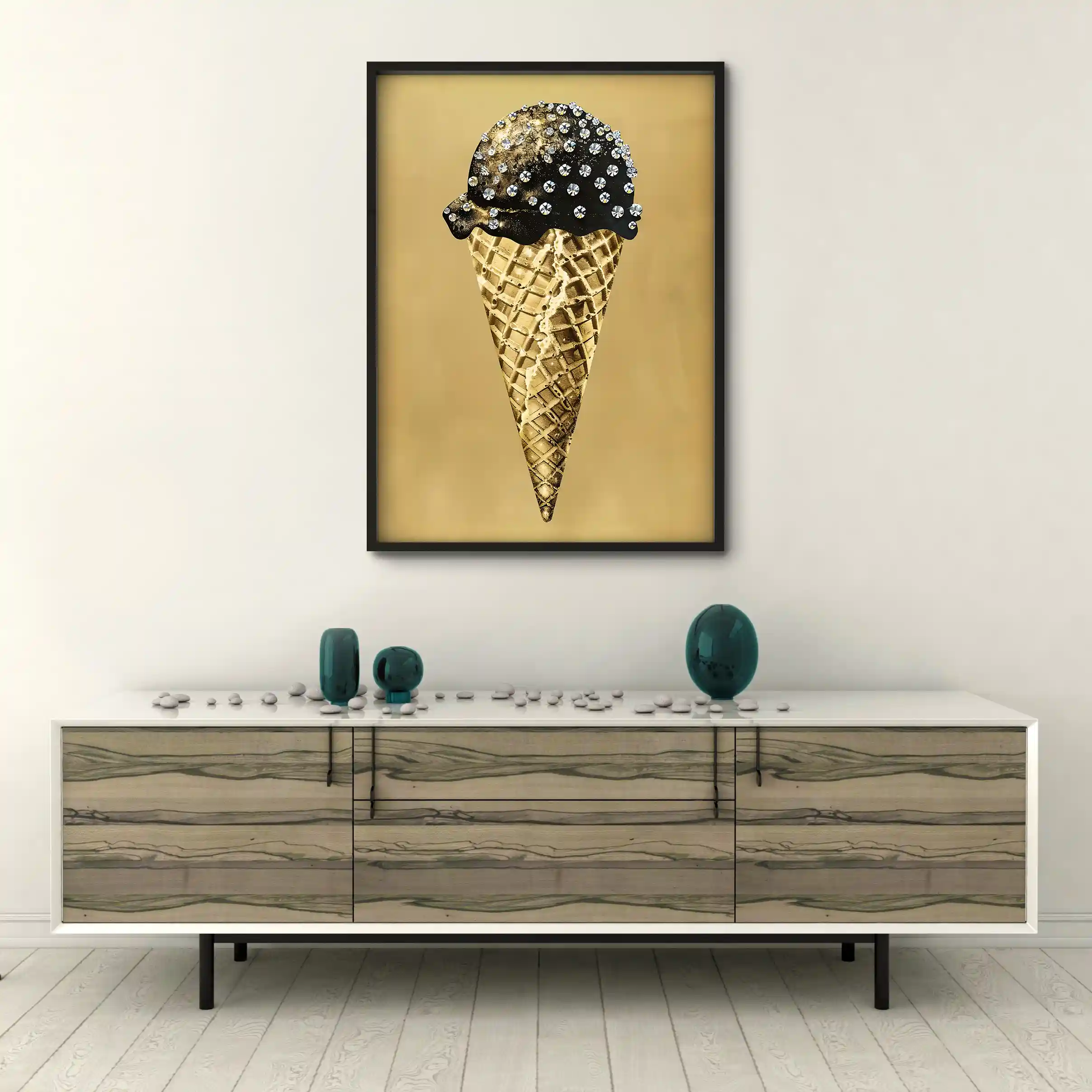 Abstract art of an ice cream cone with gold accents.