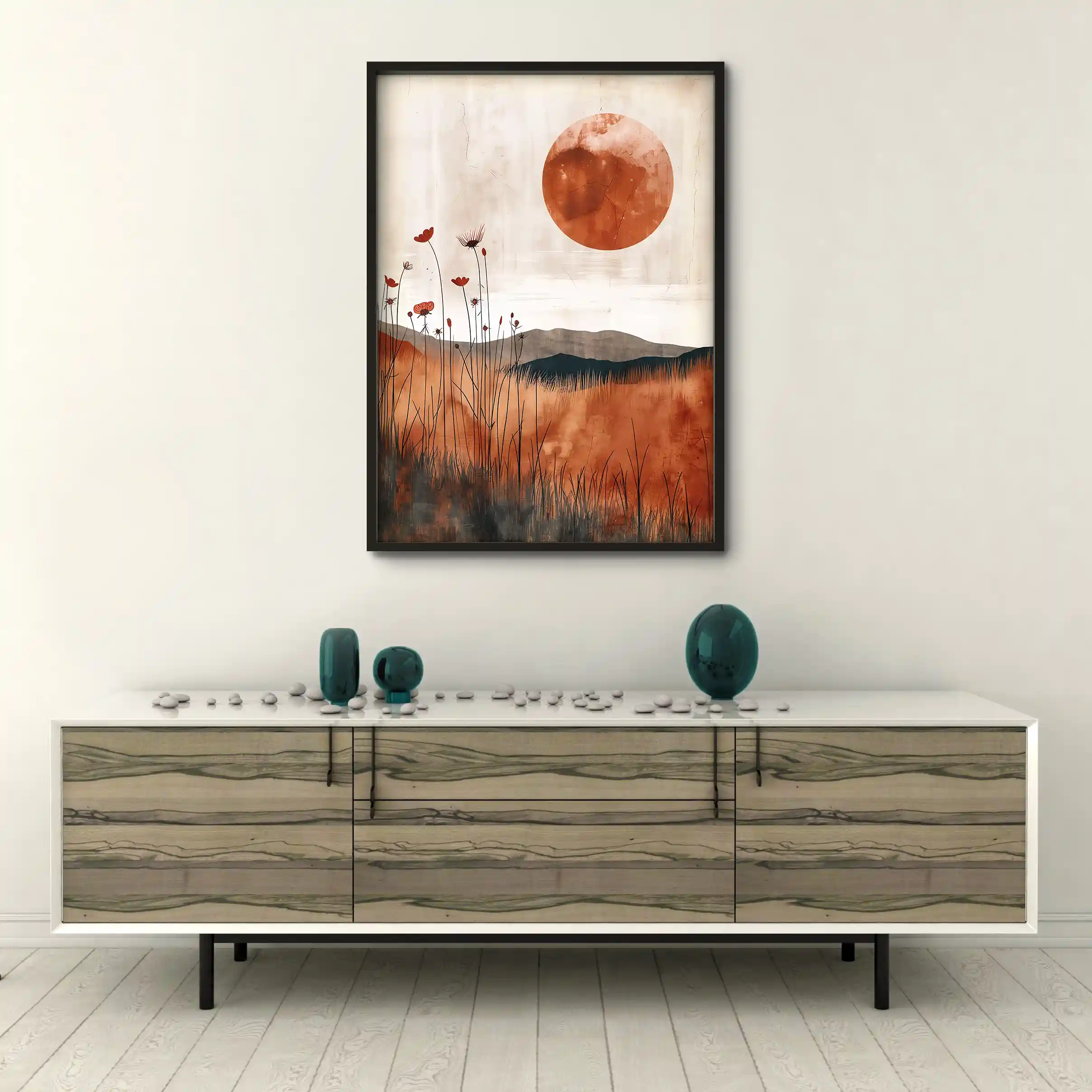 Abstract art showing the phases of the moon with earth tones.