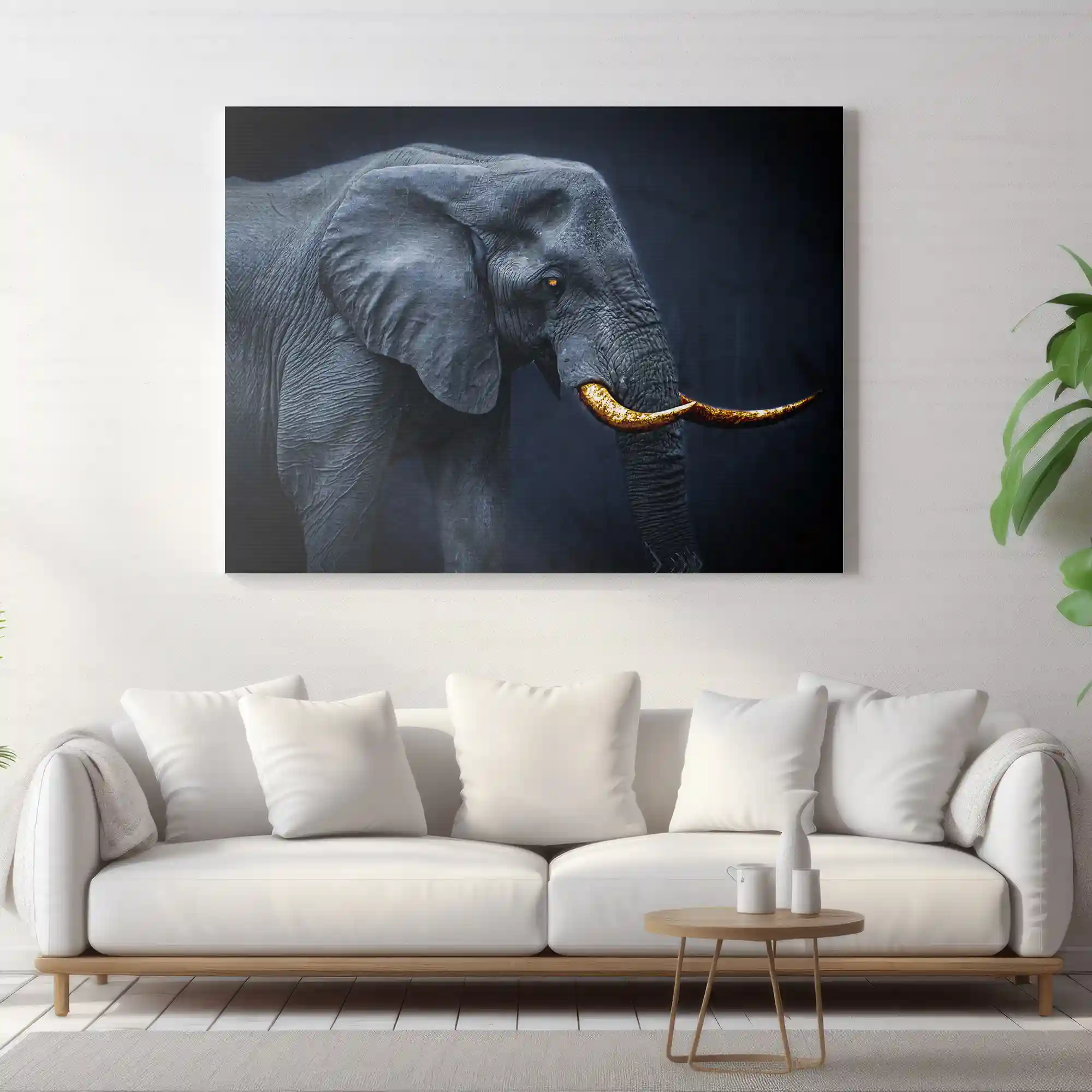 Abstract painting of an elephant with a dark background.