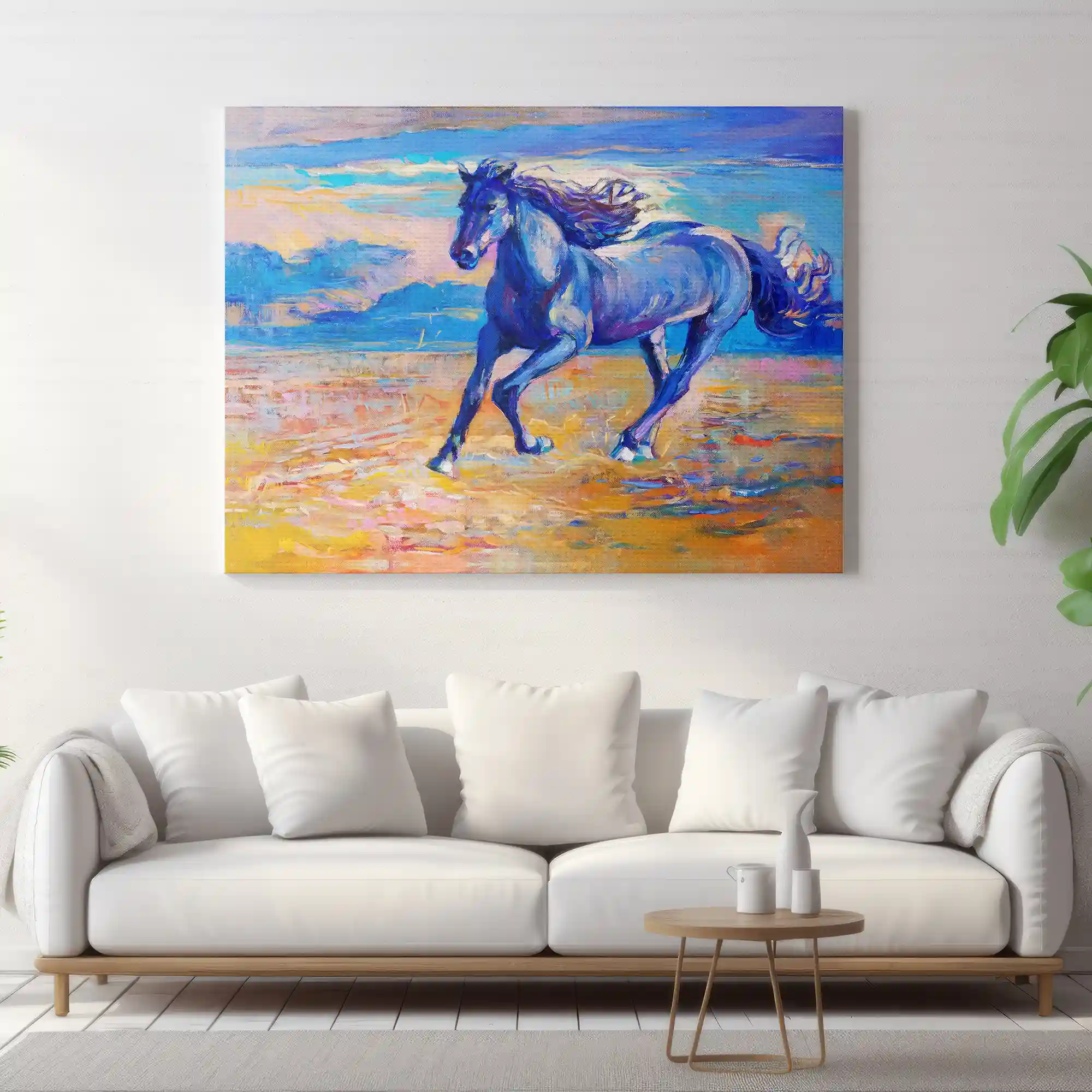 Abstract painting of a blue horse running.