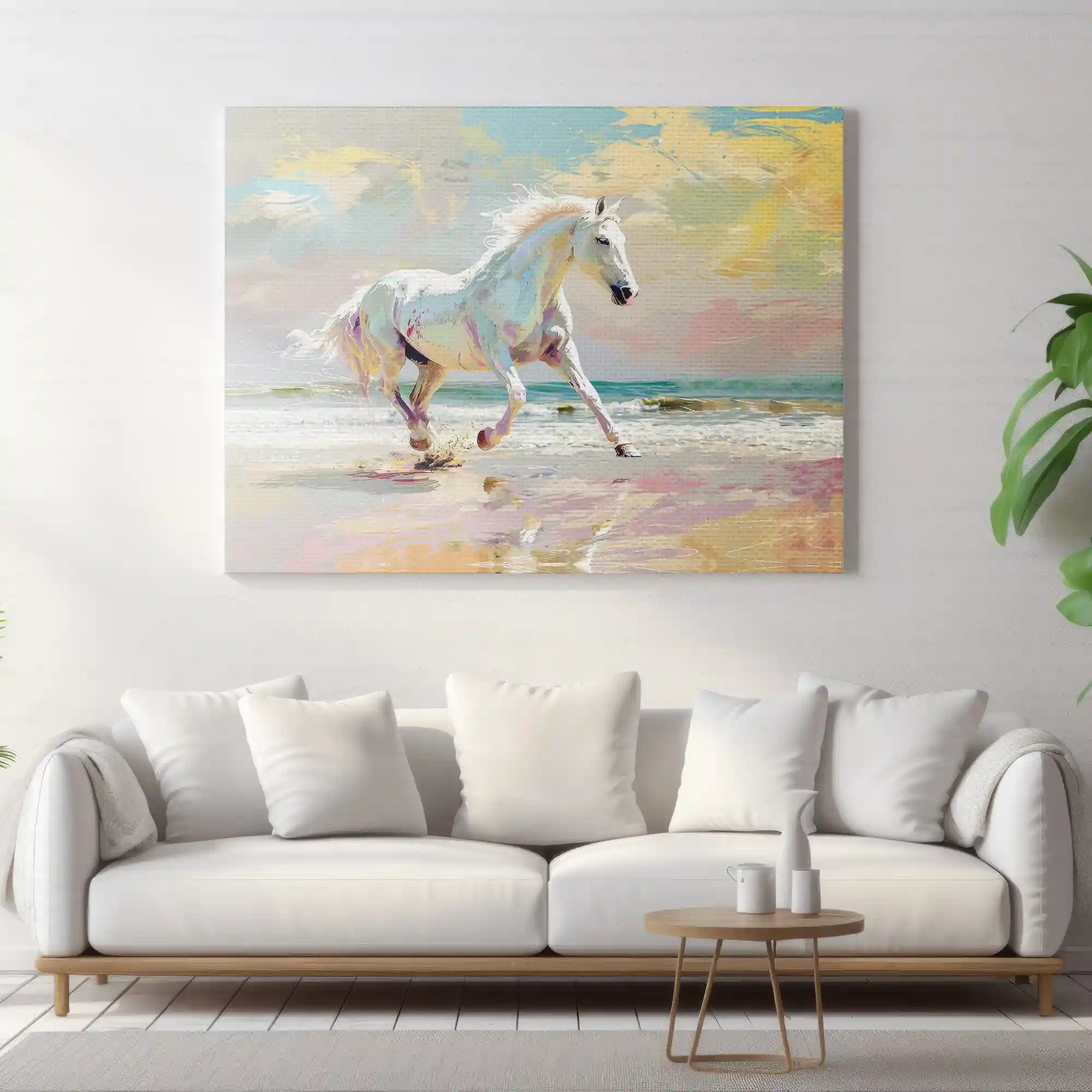 Abstract painting of horses running on a beach.