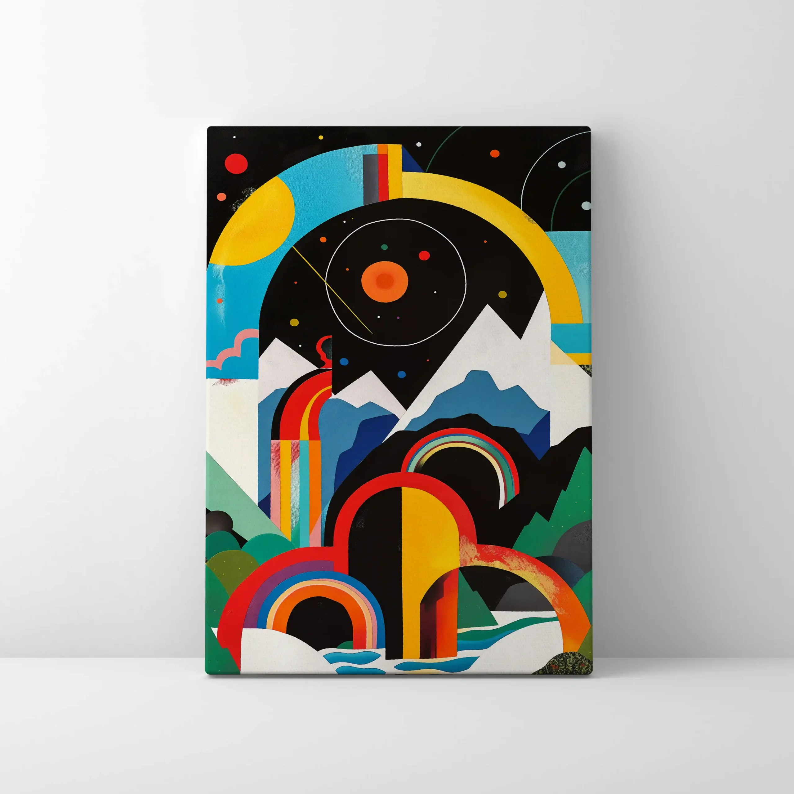 Abstract painting with swirling patterns and cosmic colors.