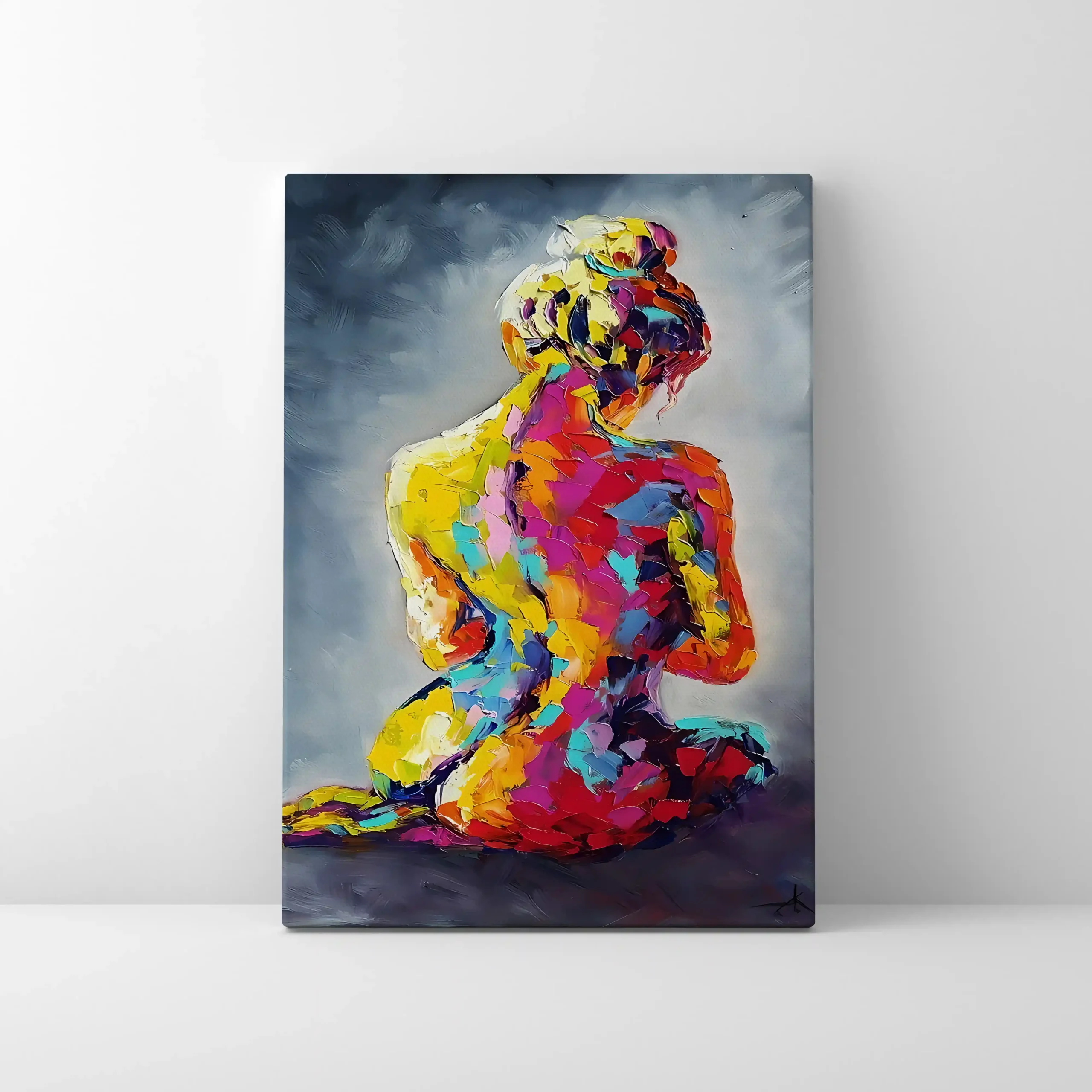 Abstract painting of vibrant figures in motion.