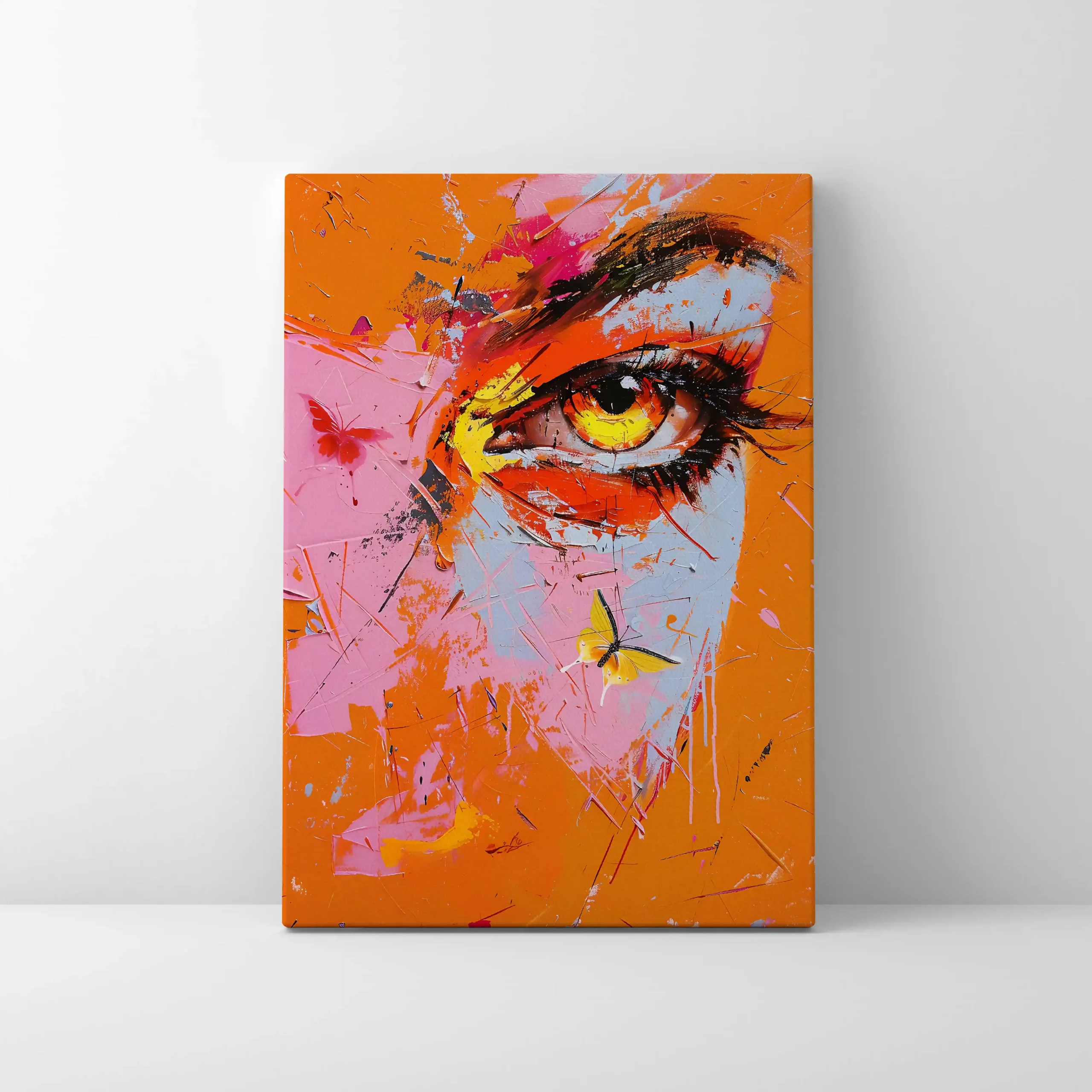 Abstract portrait with a vibrant eye and bold colors.