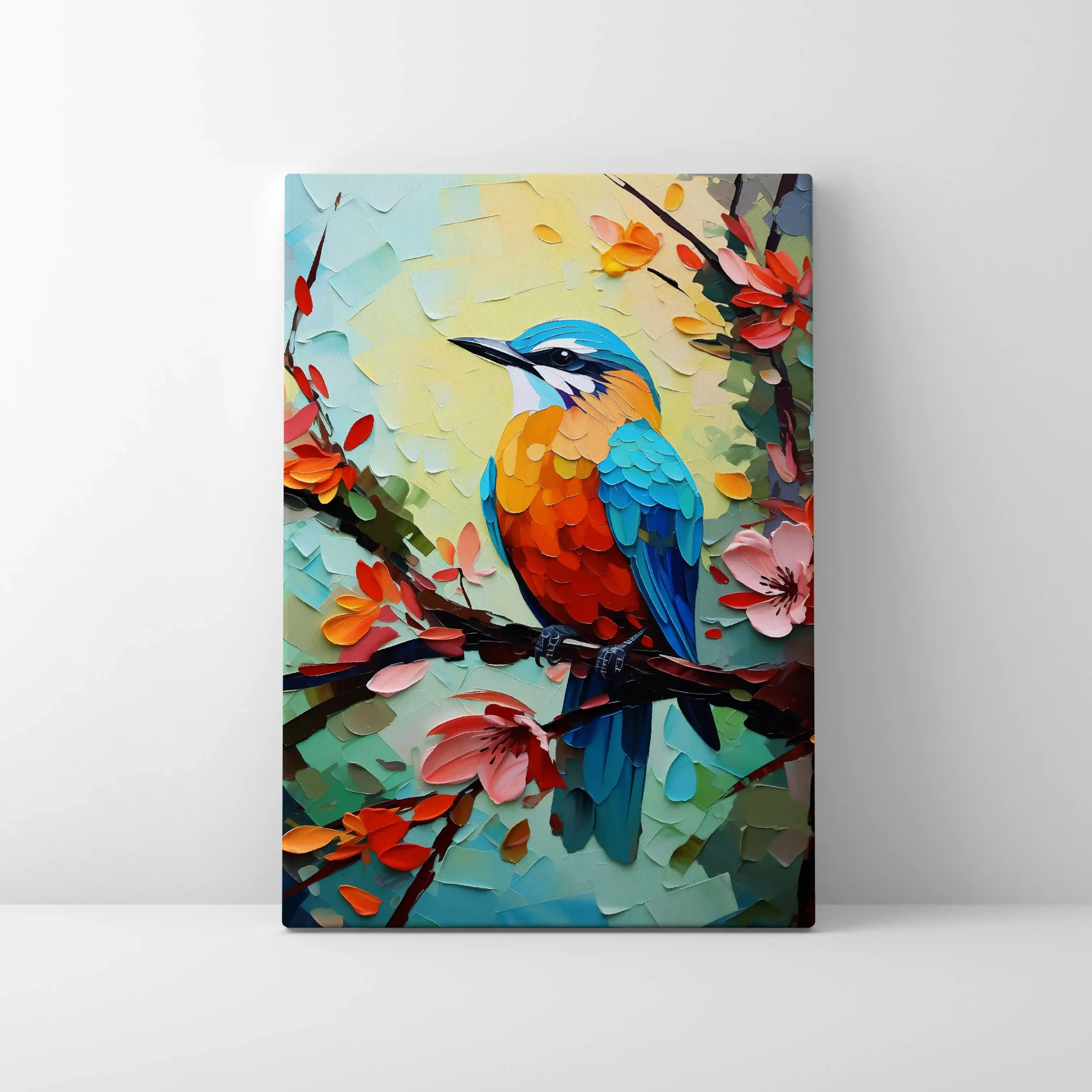 Abstract painting of colorful birds on a branch.