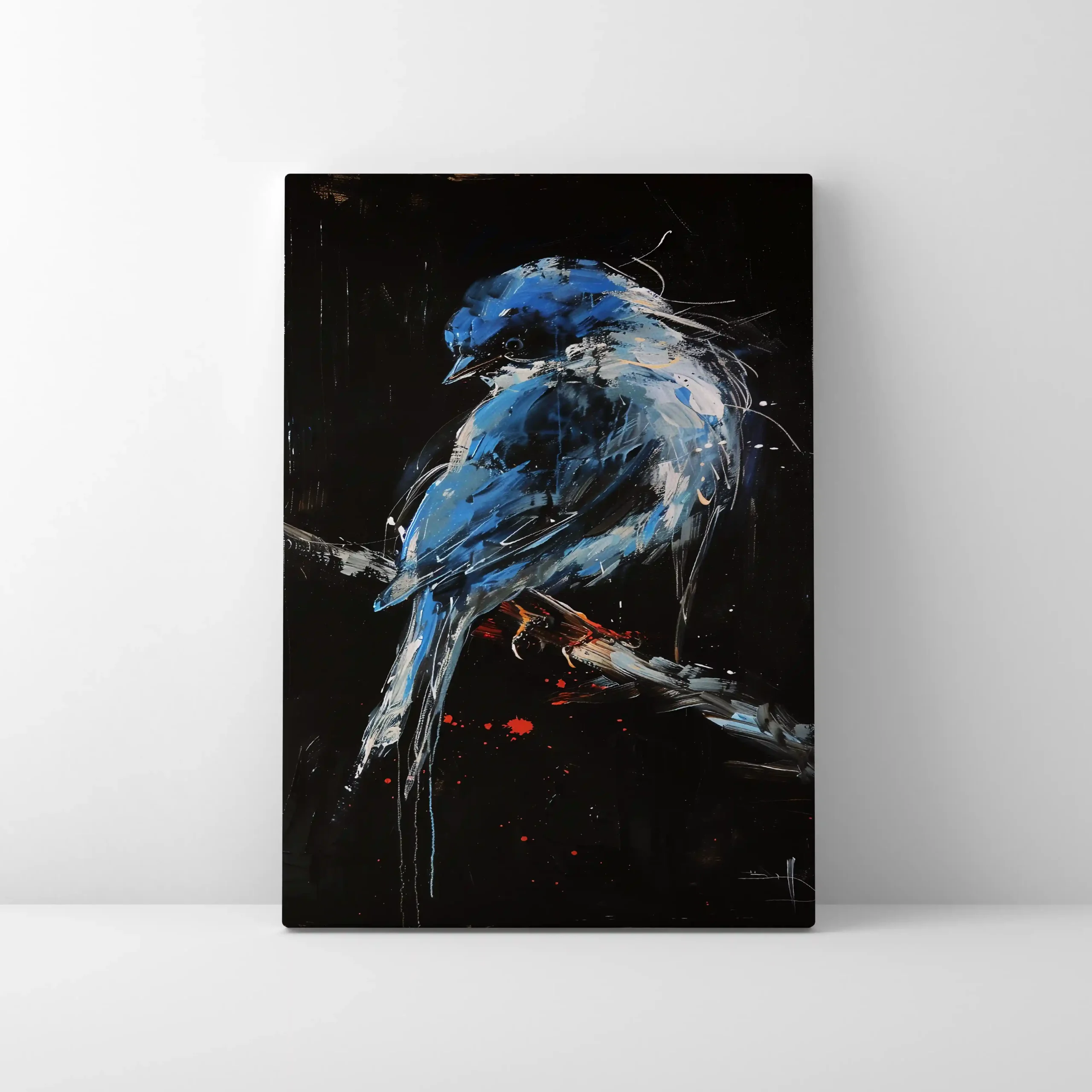 Abstract painting of a blue bird on a branch.