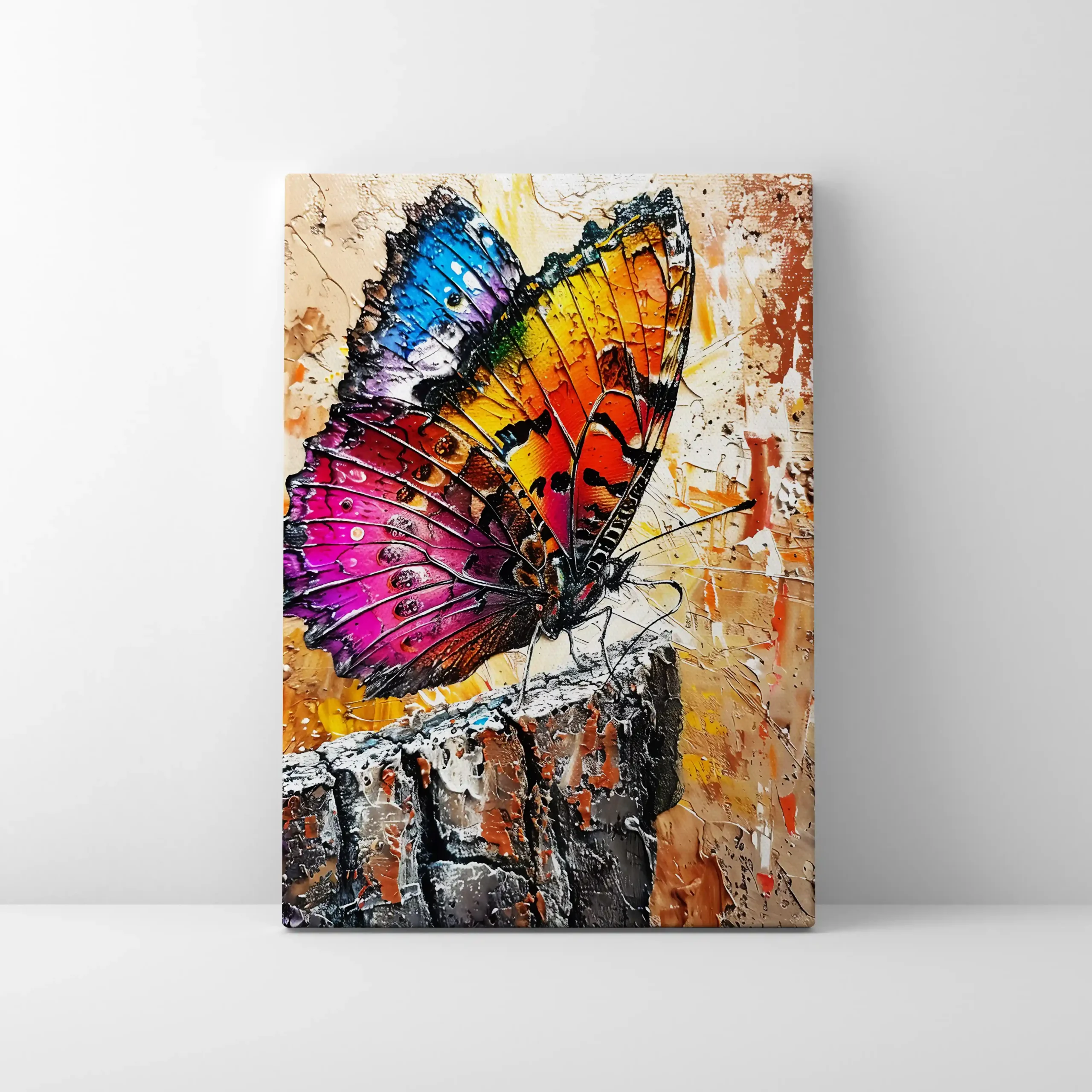 Abstract painting of a colorful butterfly.