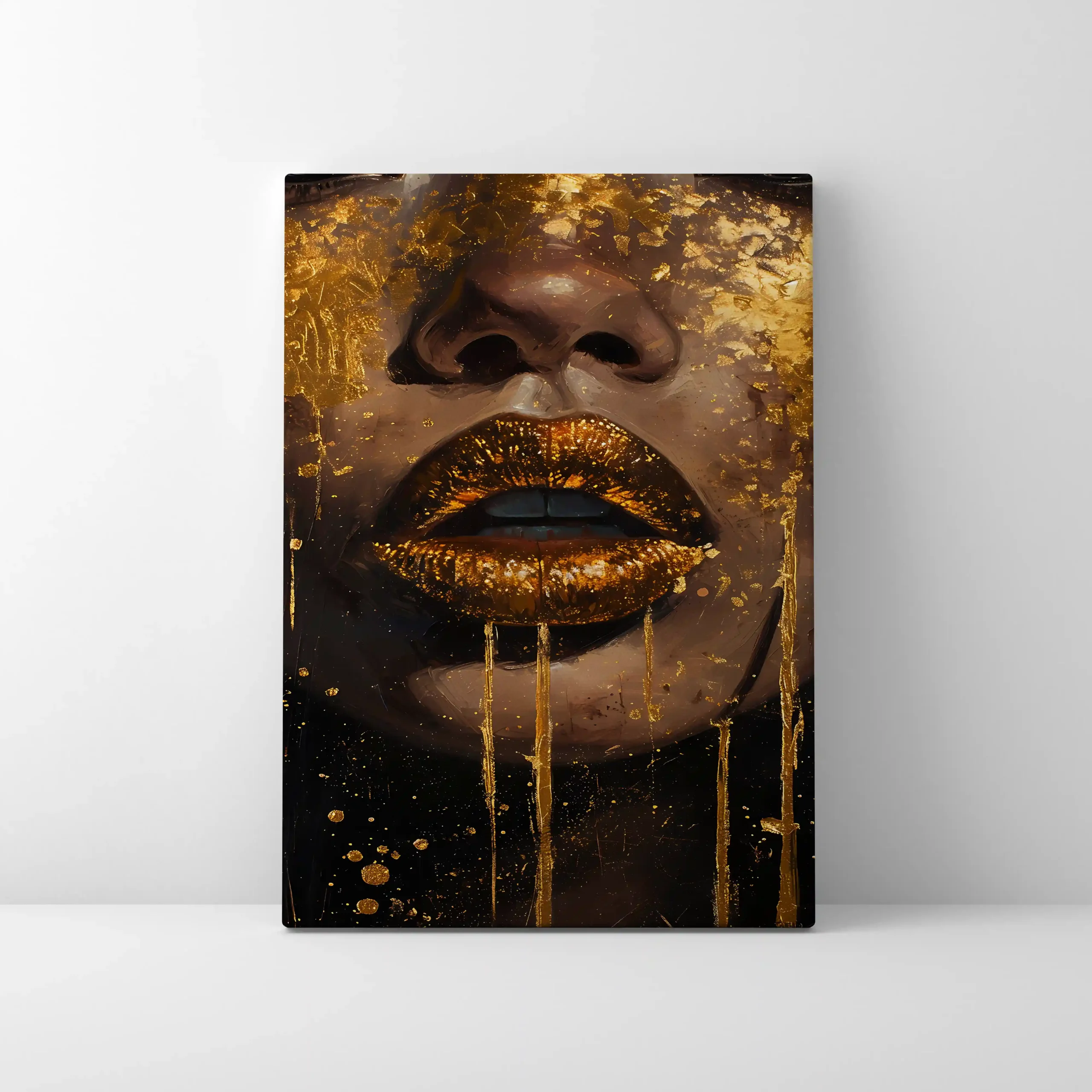 Abstract art of a face with gold accents.