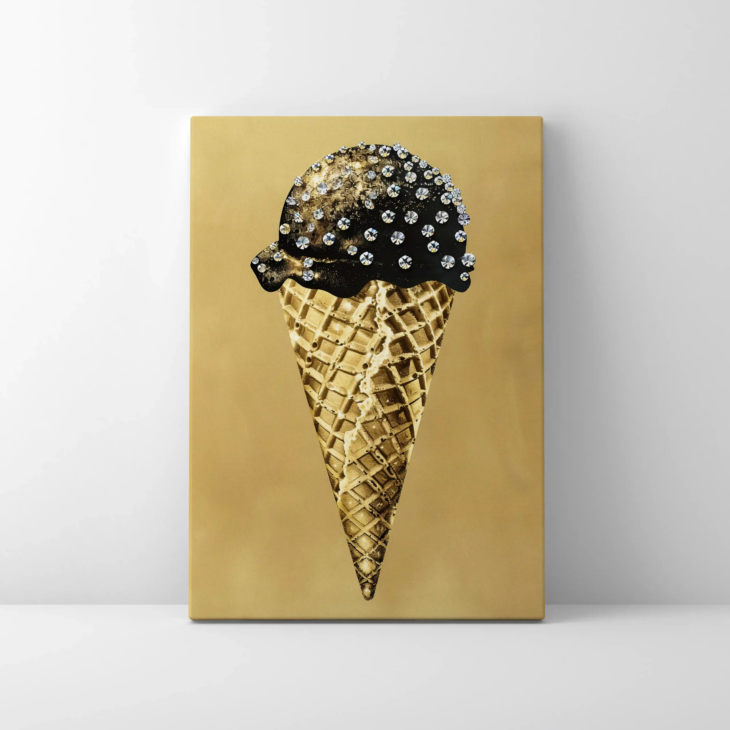 Abstract art of an ice cream cone with gold accents.