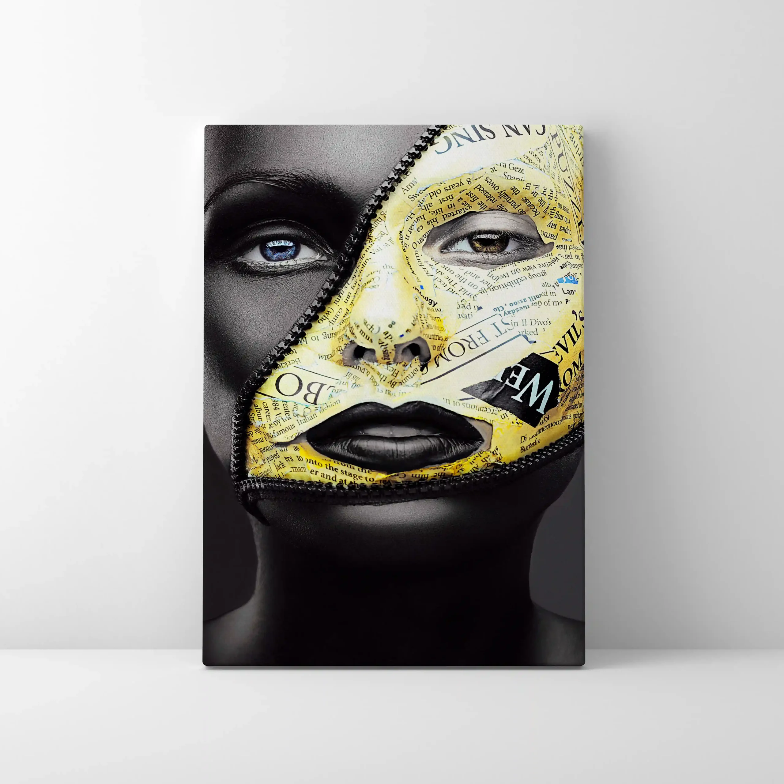 Abstract portrait of a woman with gold and black face paint.