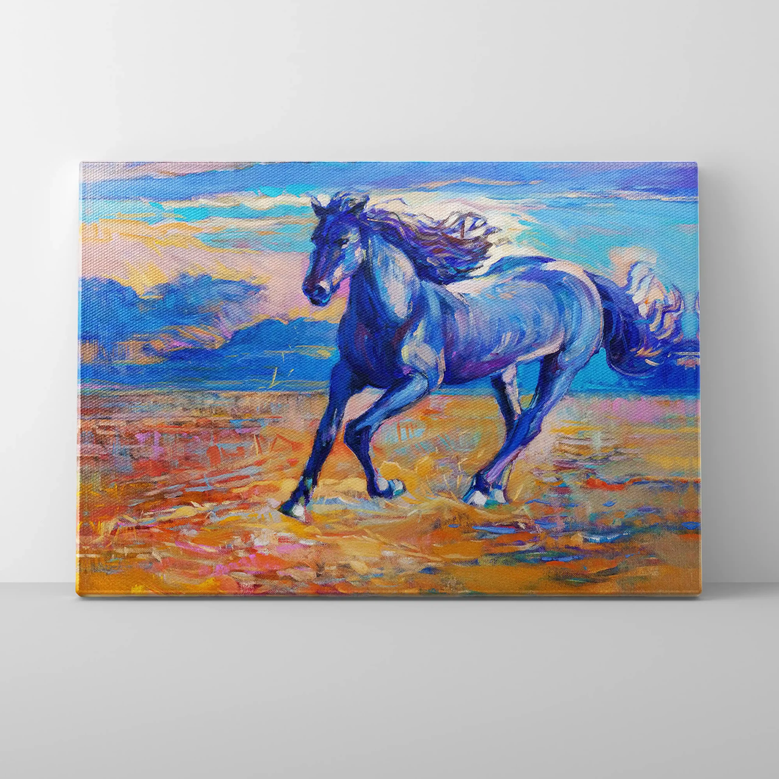 Abstract painting of a blue horse running.