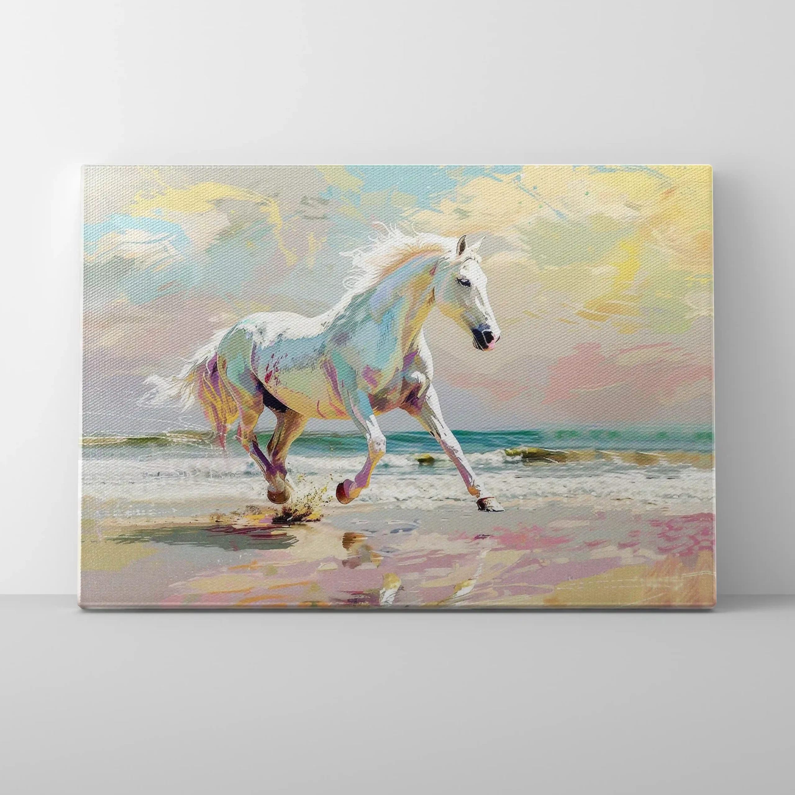 Abstract painting of horses running on a beach.