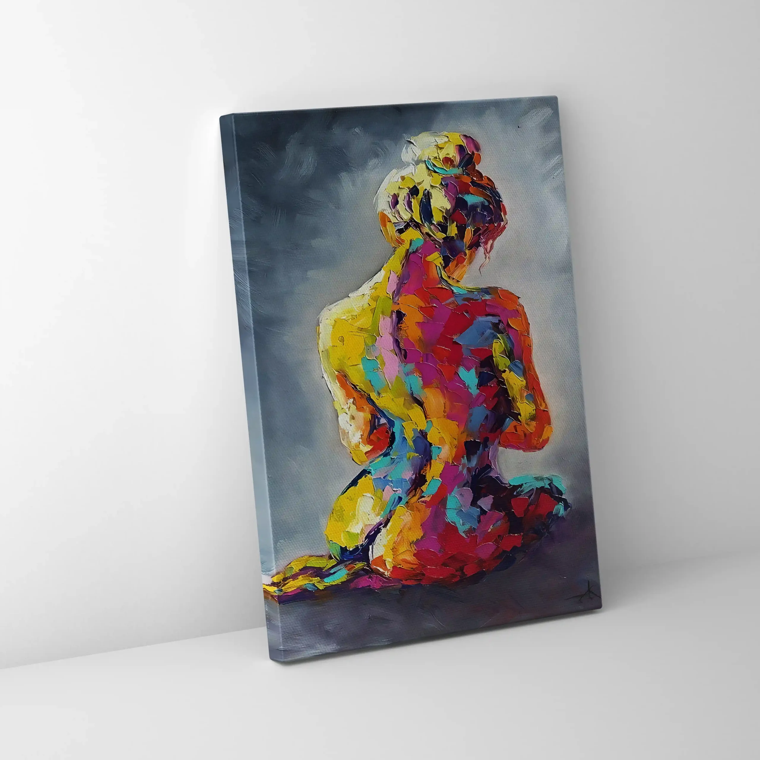 Abstract painting of vibrant figures in motion.