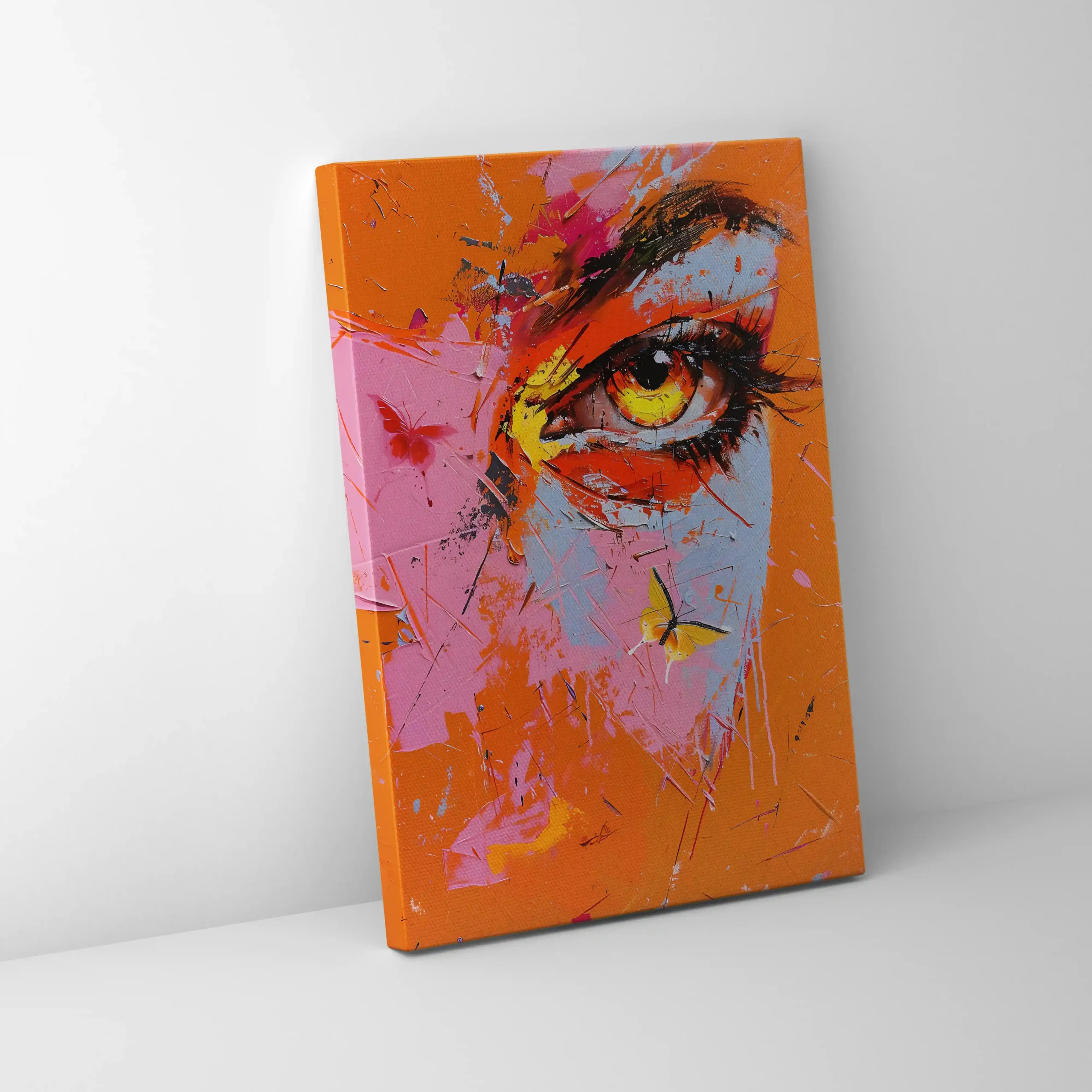 Abstract portrait with a vibrant eye and bold colors.