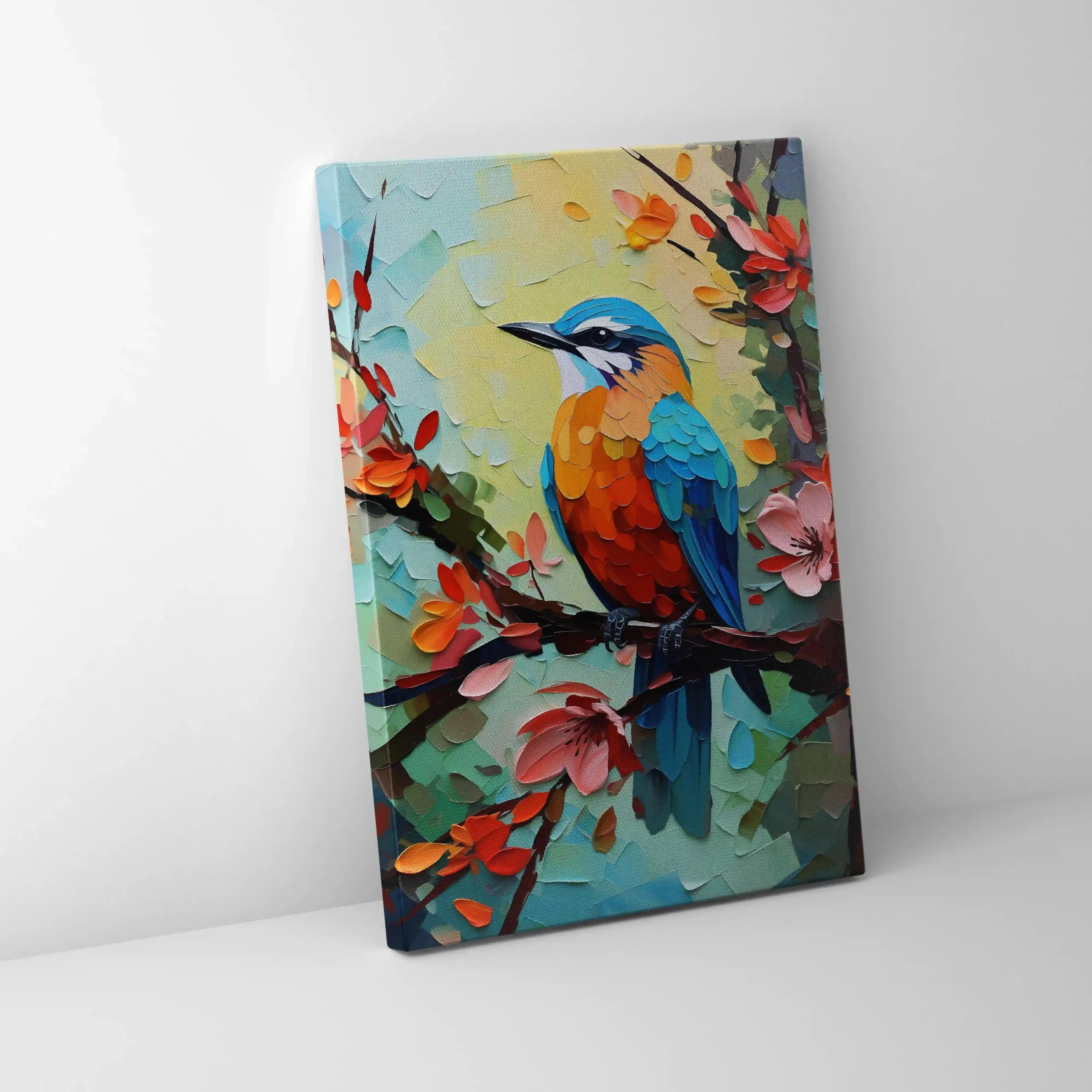 Abstract painting of colorful birds on a branch.