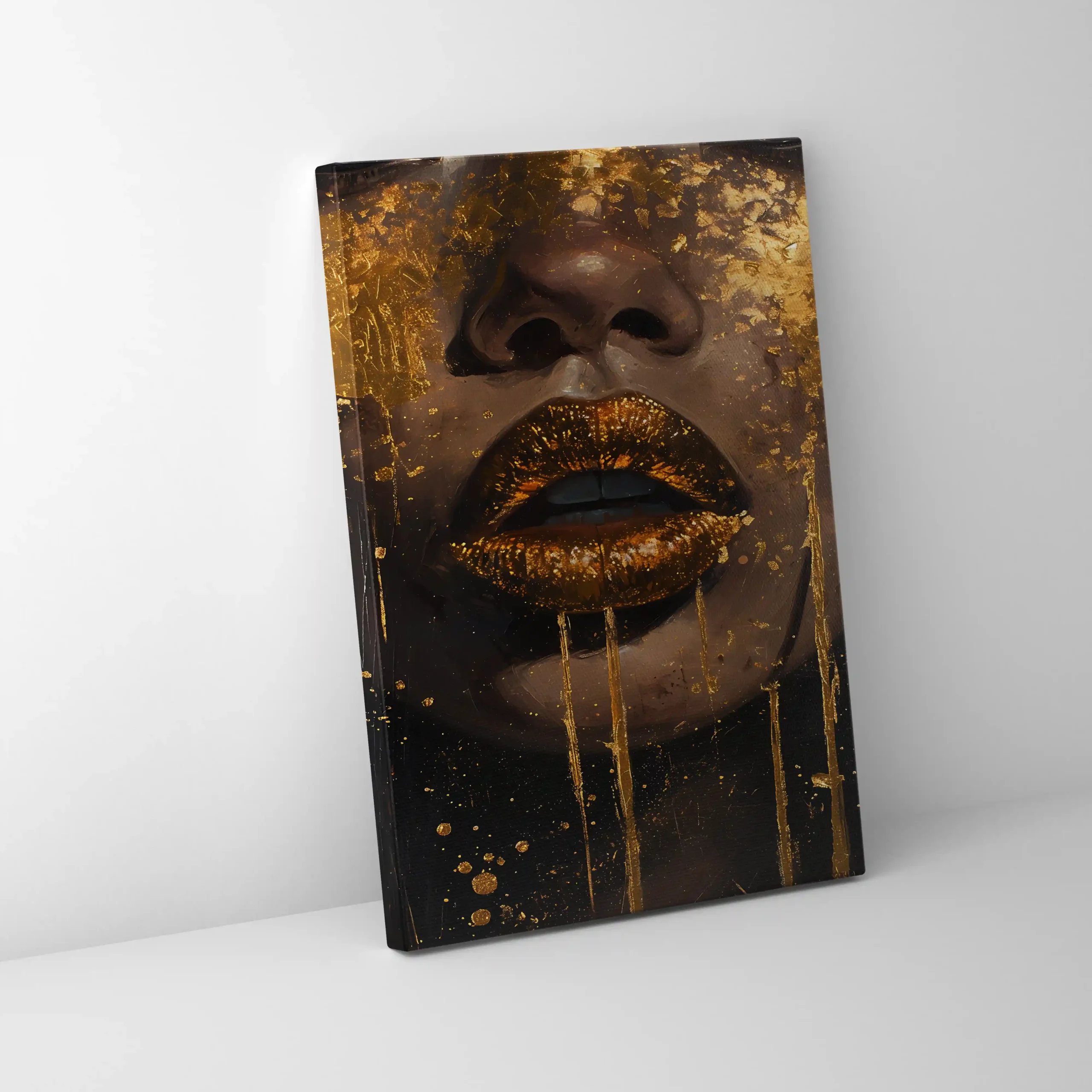 Abstract art of a face with gold accents.