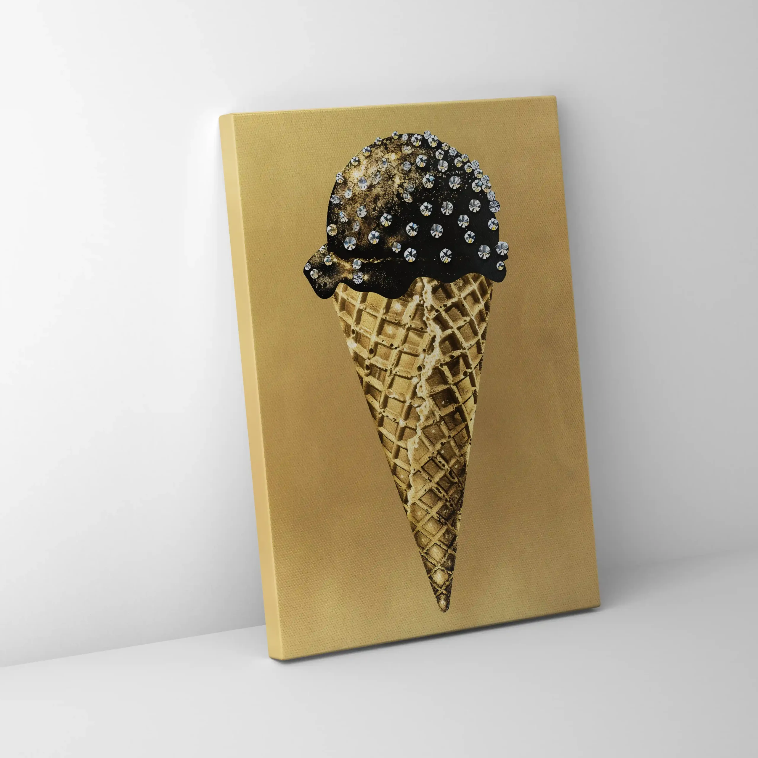 Abstract art of an ice cream cone with gold accents.