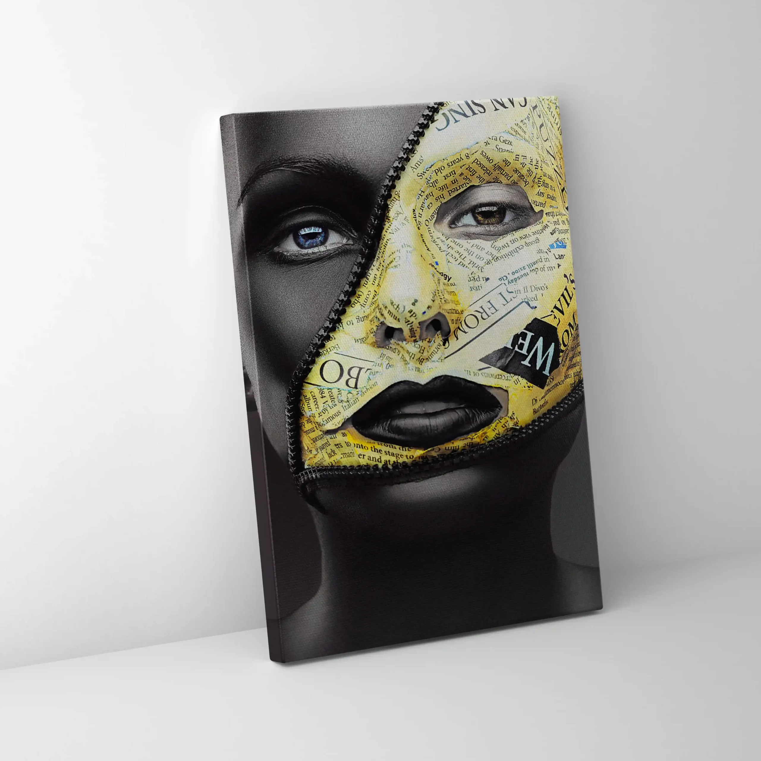 Abstract portrait of a woman with gold and black face paint.