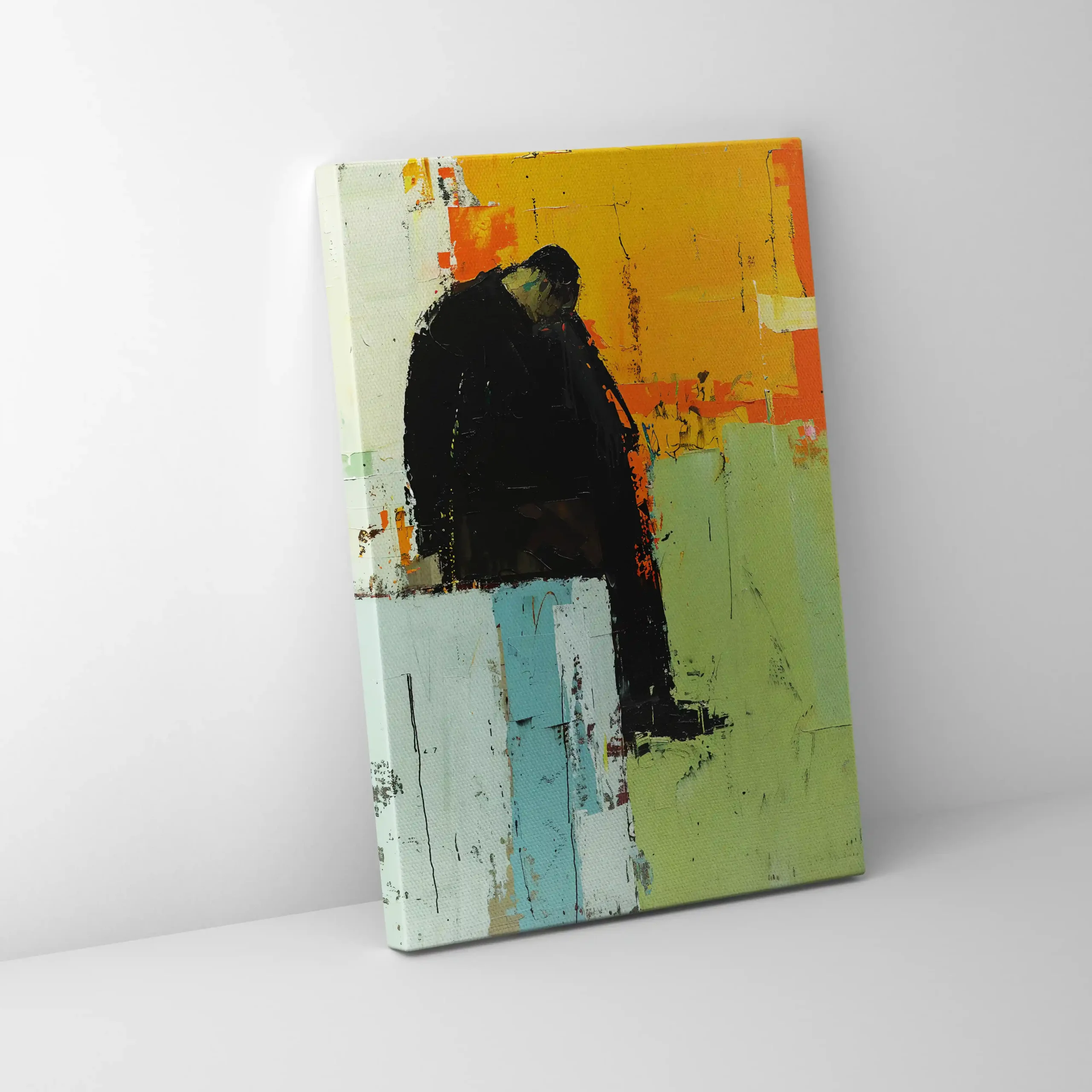 Abstract painting with urban themes and reflective surfaces.