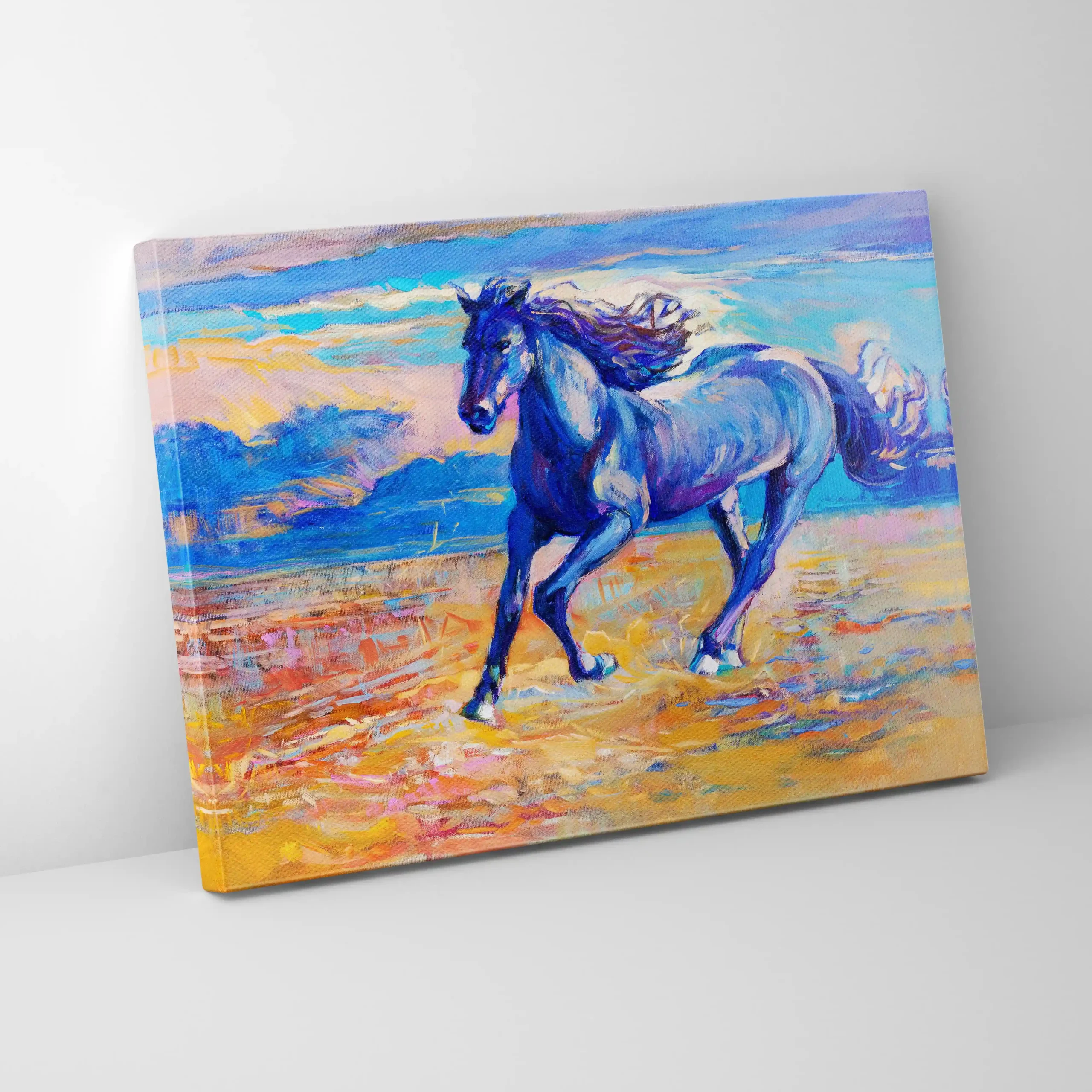 Abstract painting of a blue horse running.