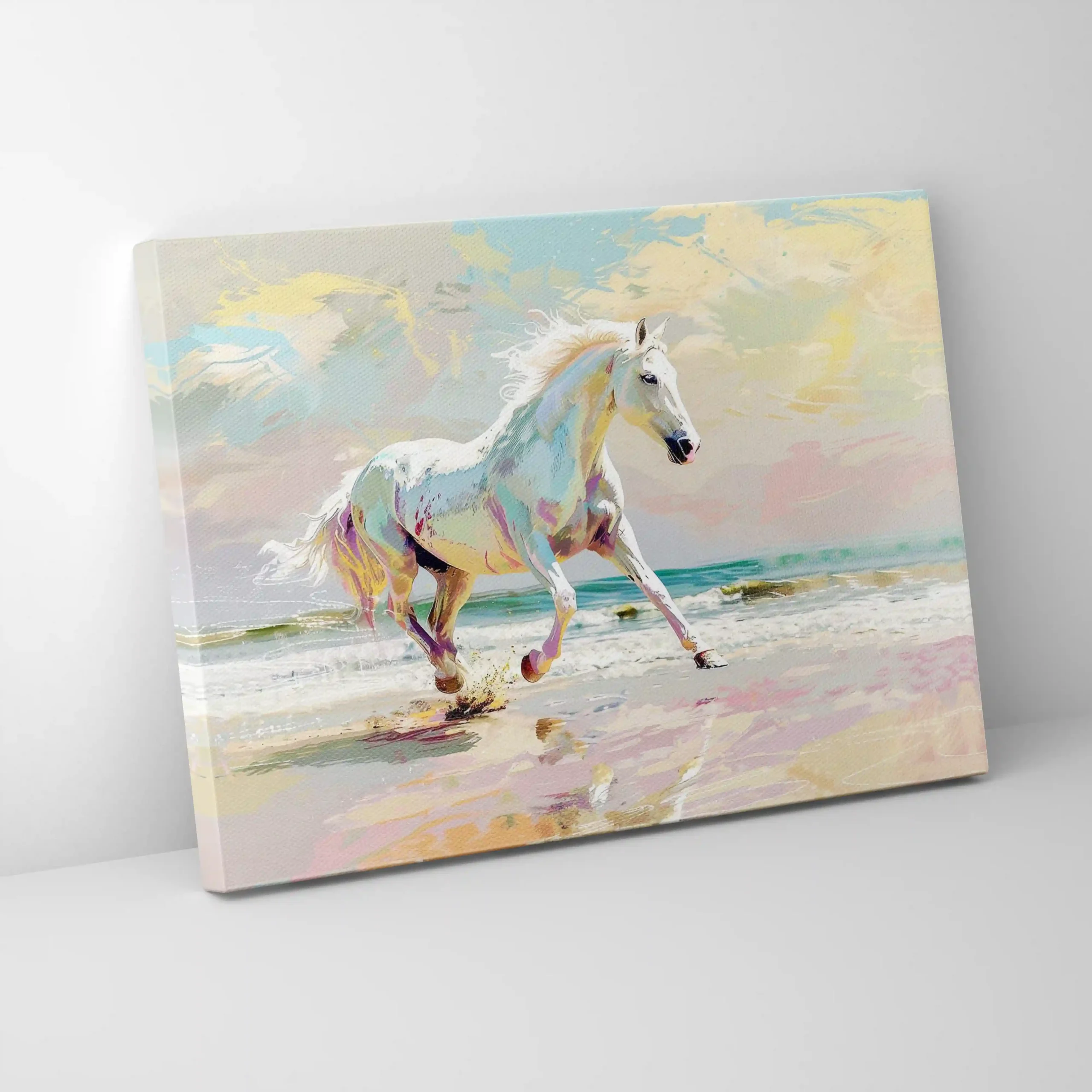 Abstract painting of horses running on a beach.