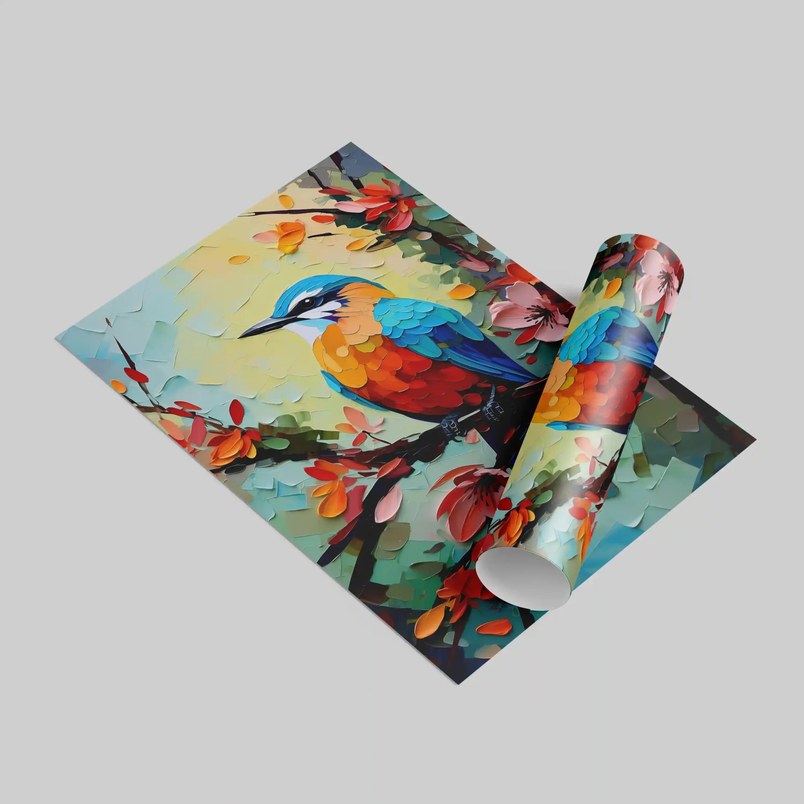 Abstract painting of colorful birds on a branch.