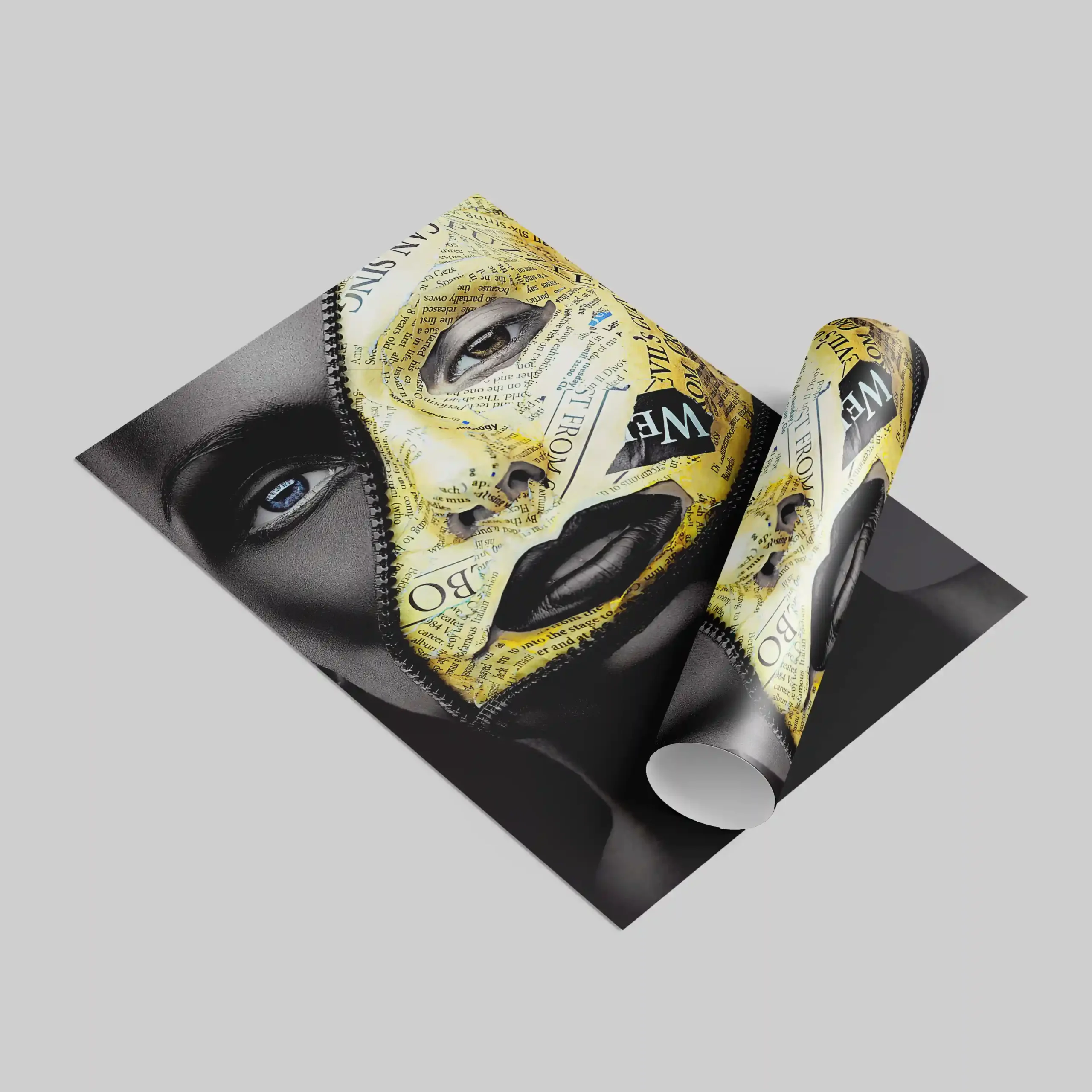 Abstract portrait of a woman with gold and black face paint.