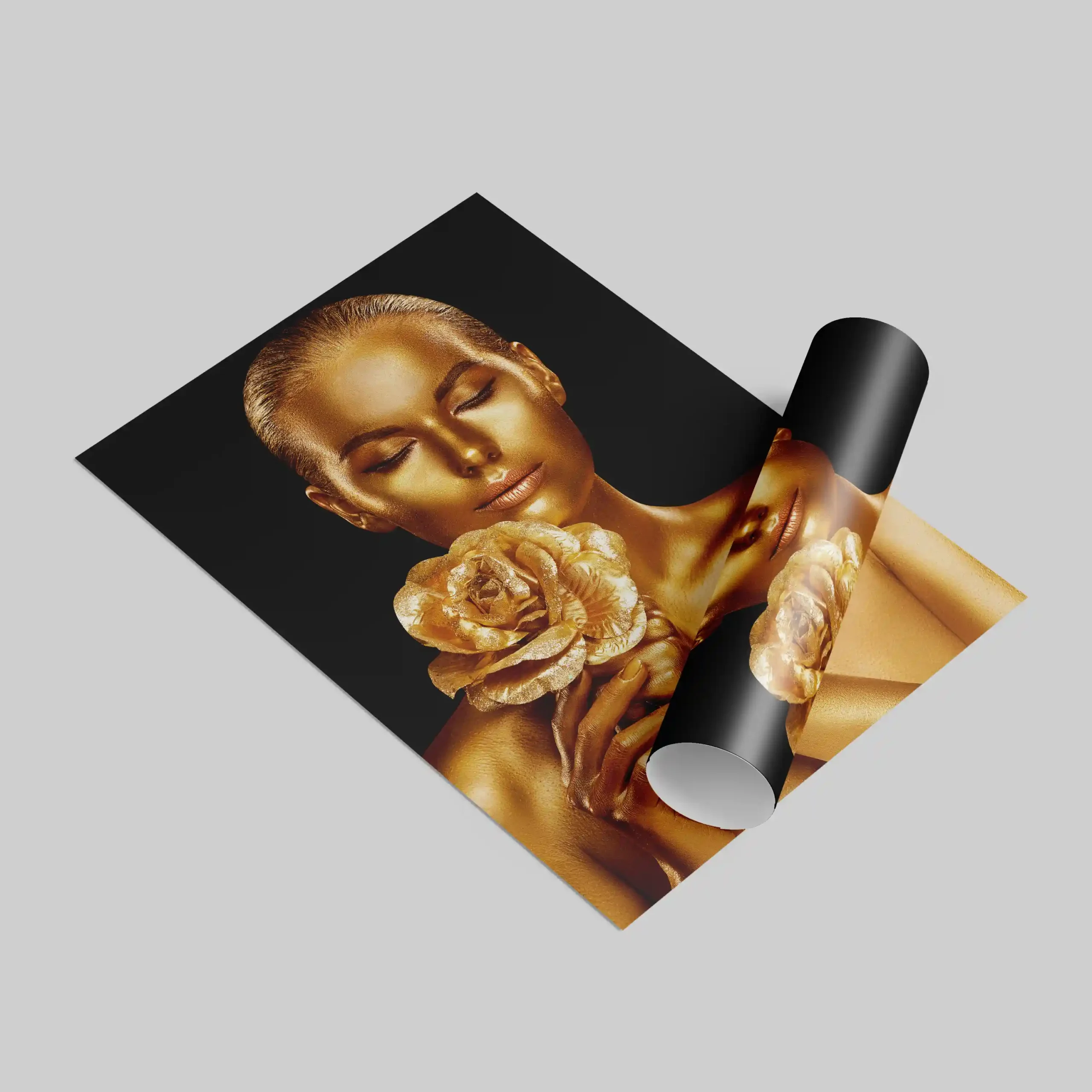 Abstract portrait of a woman with gold body paint and golden rose.