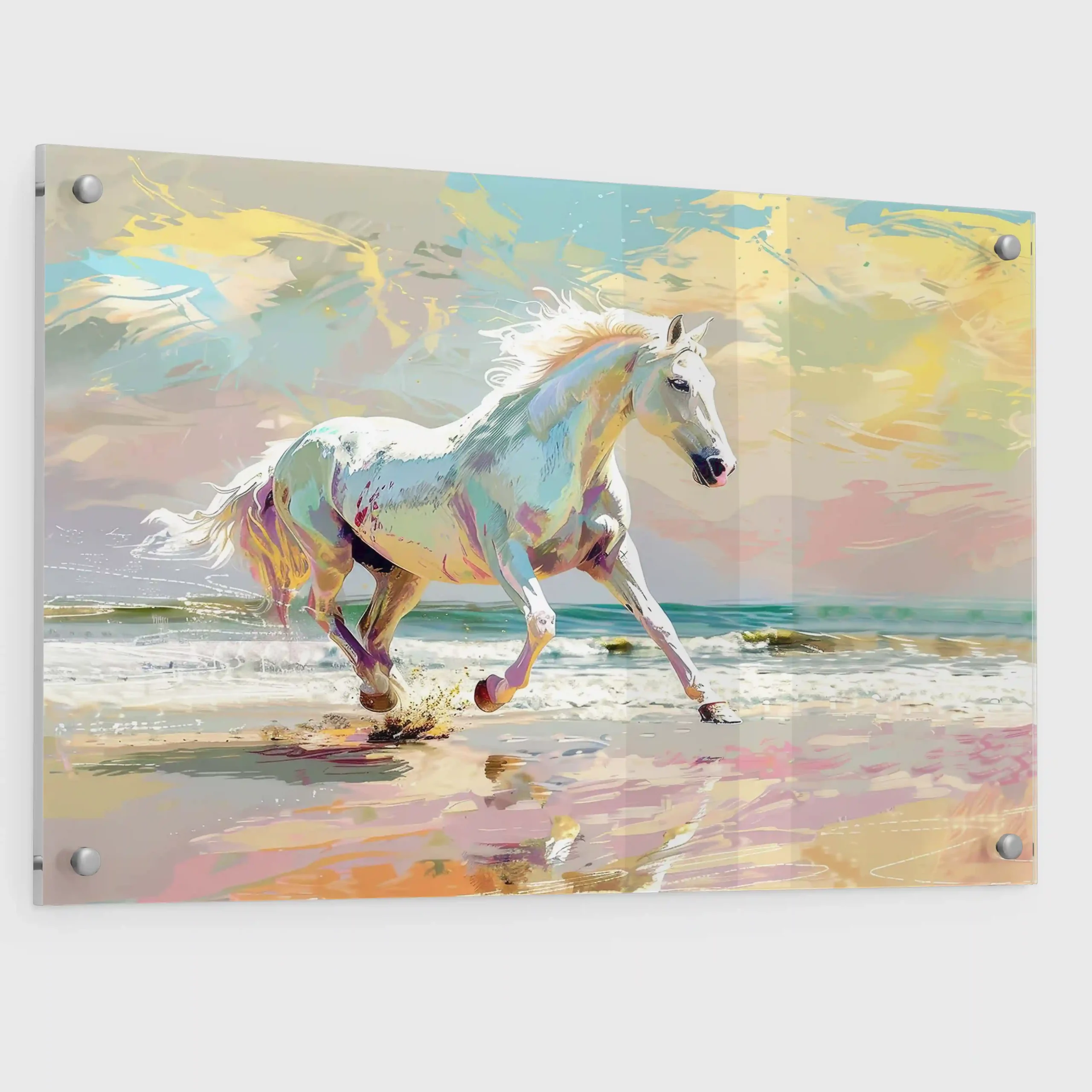 Abstract painting of horses running on a beach.