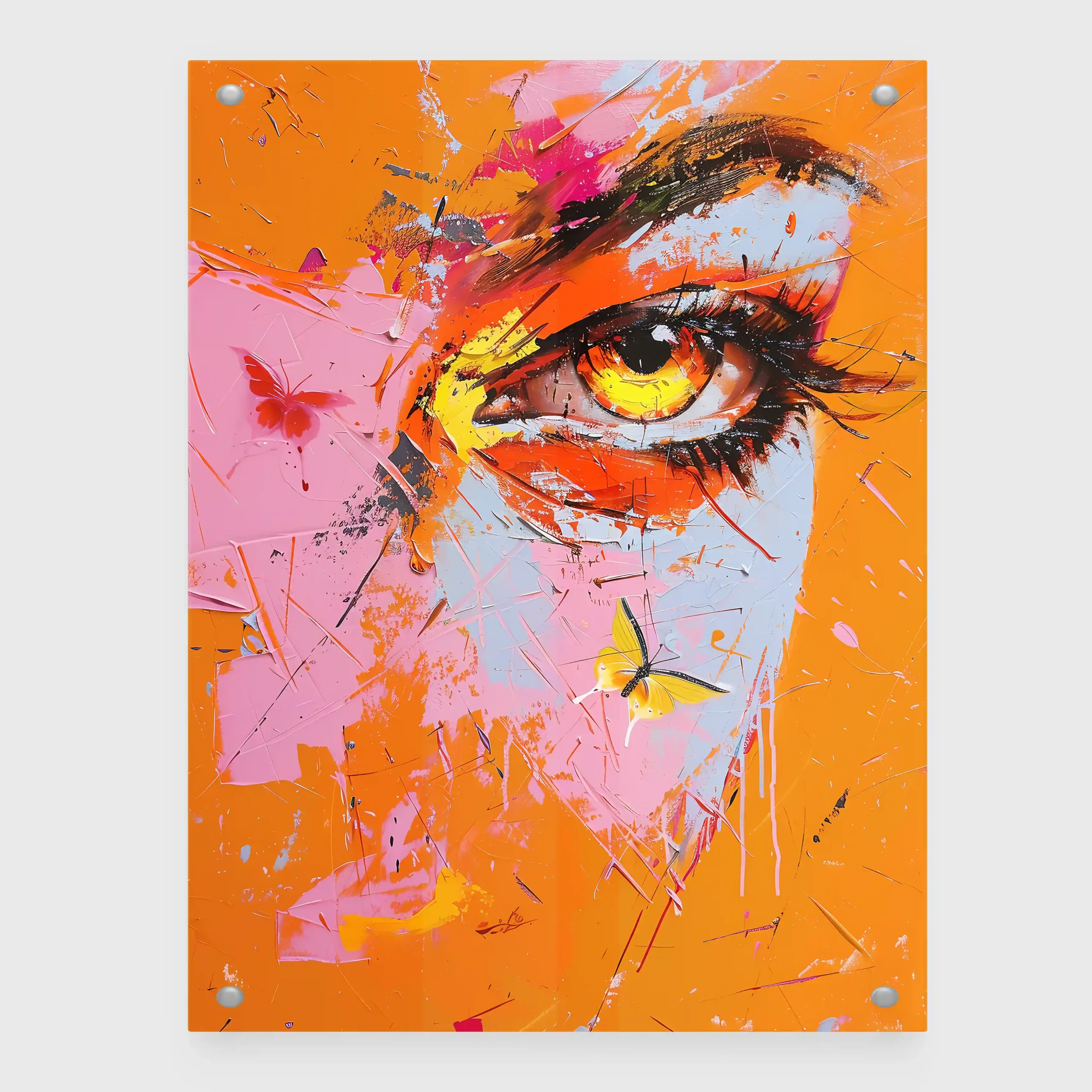 Abstract portrait with a vibrant eye and bold colors.