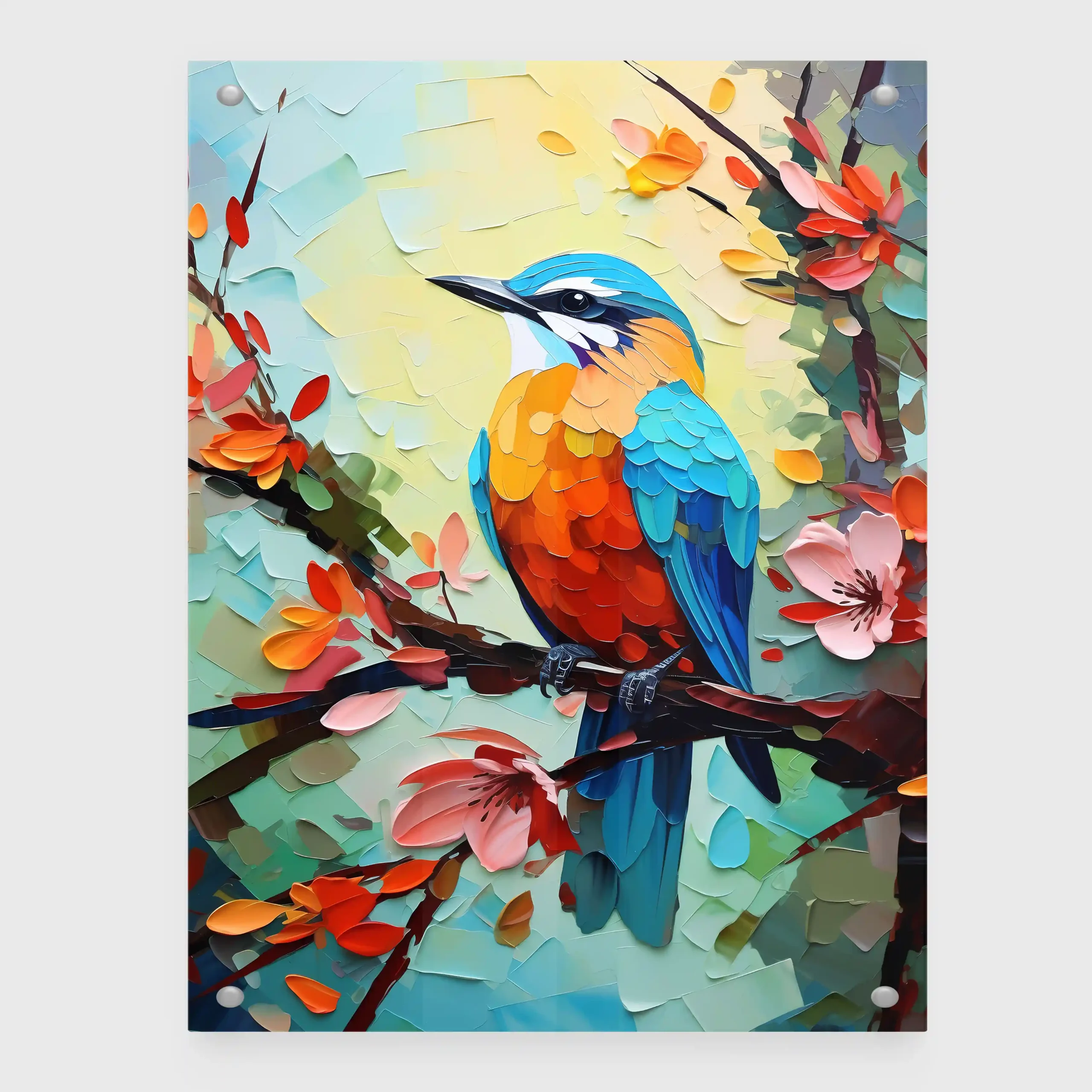 Abstract painting of colorful birds on a branch.