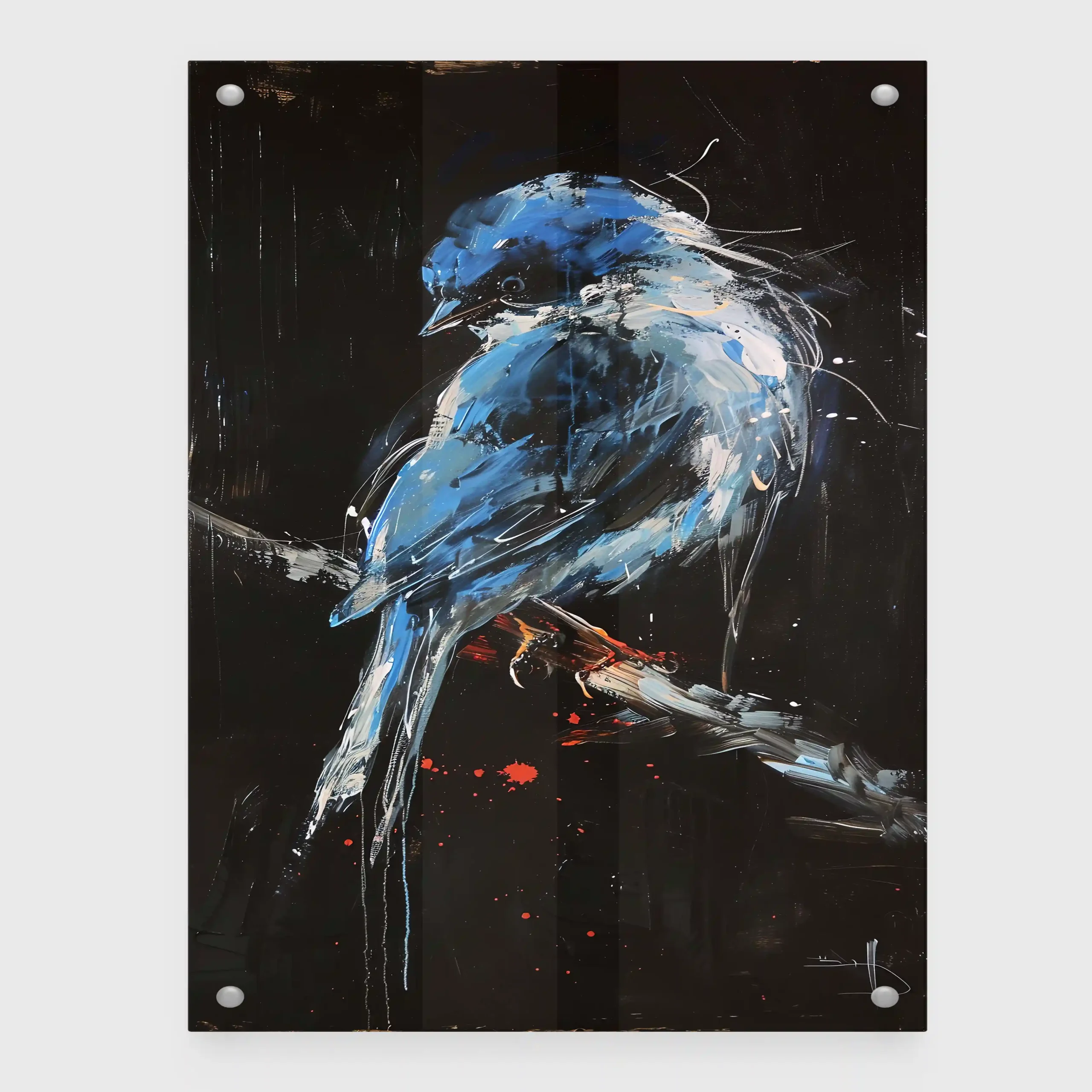 Abstract painting of a blue bird on a branch.