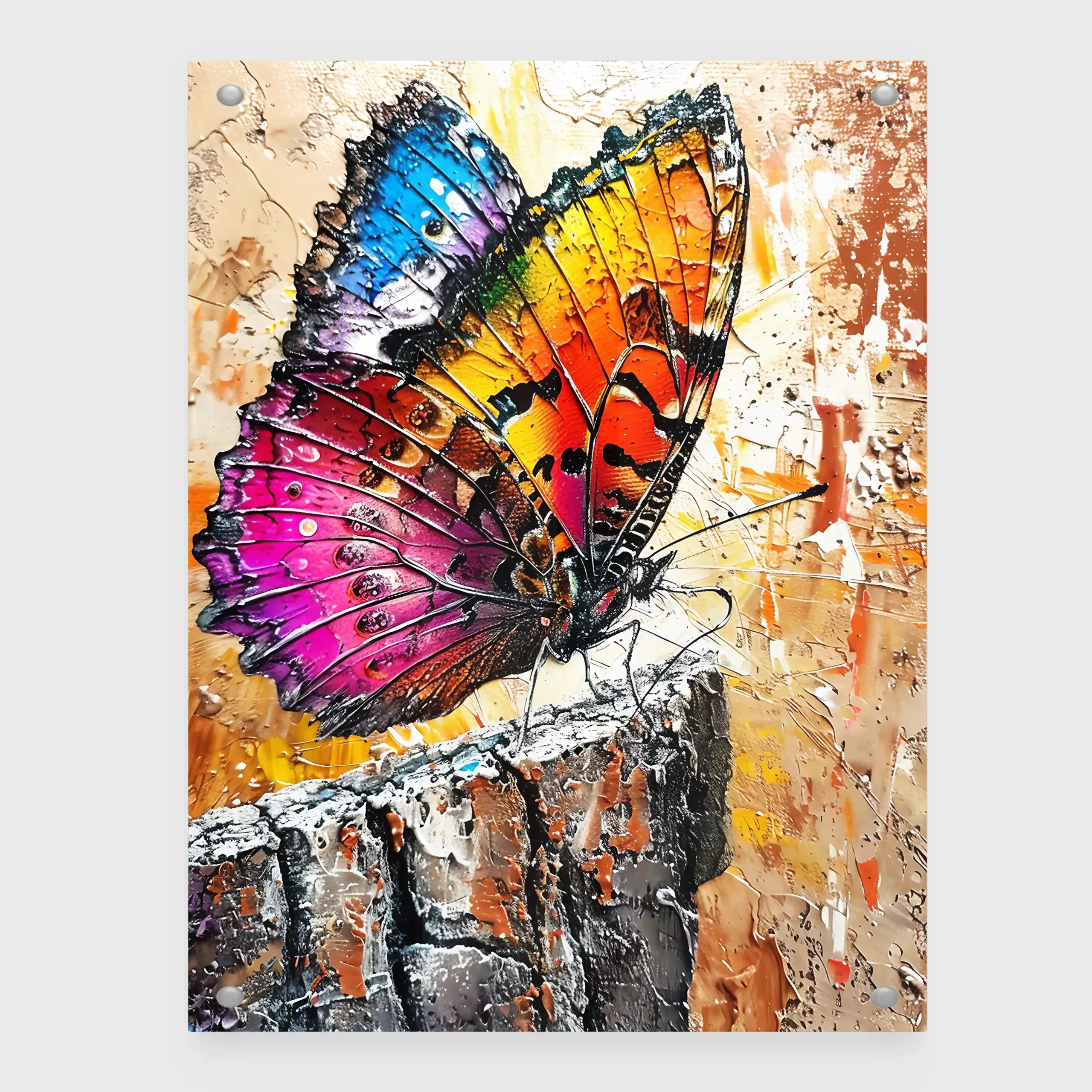 Abstract painting of a colorful butterfly.