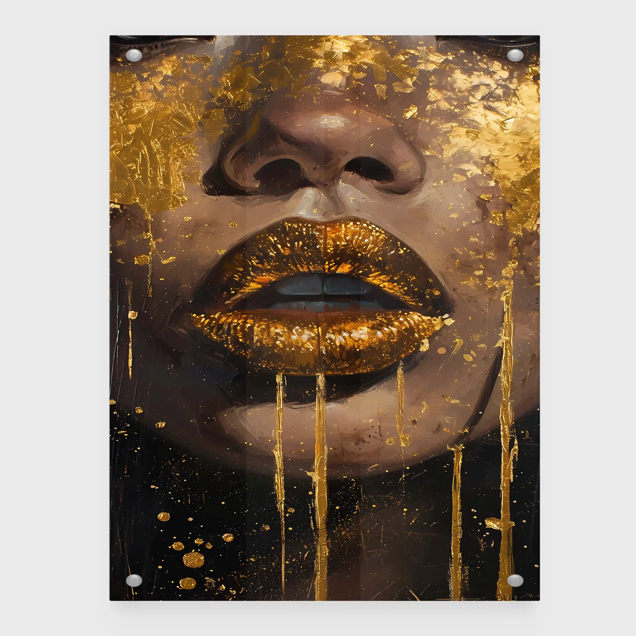 Abstract art of a face with gold accents.