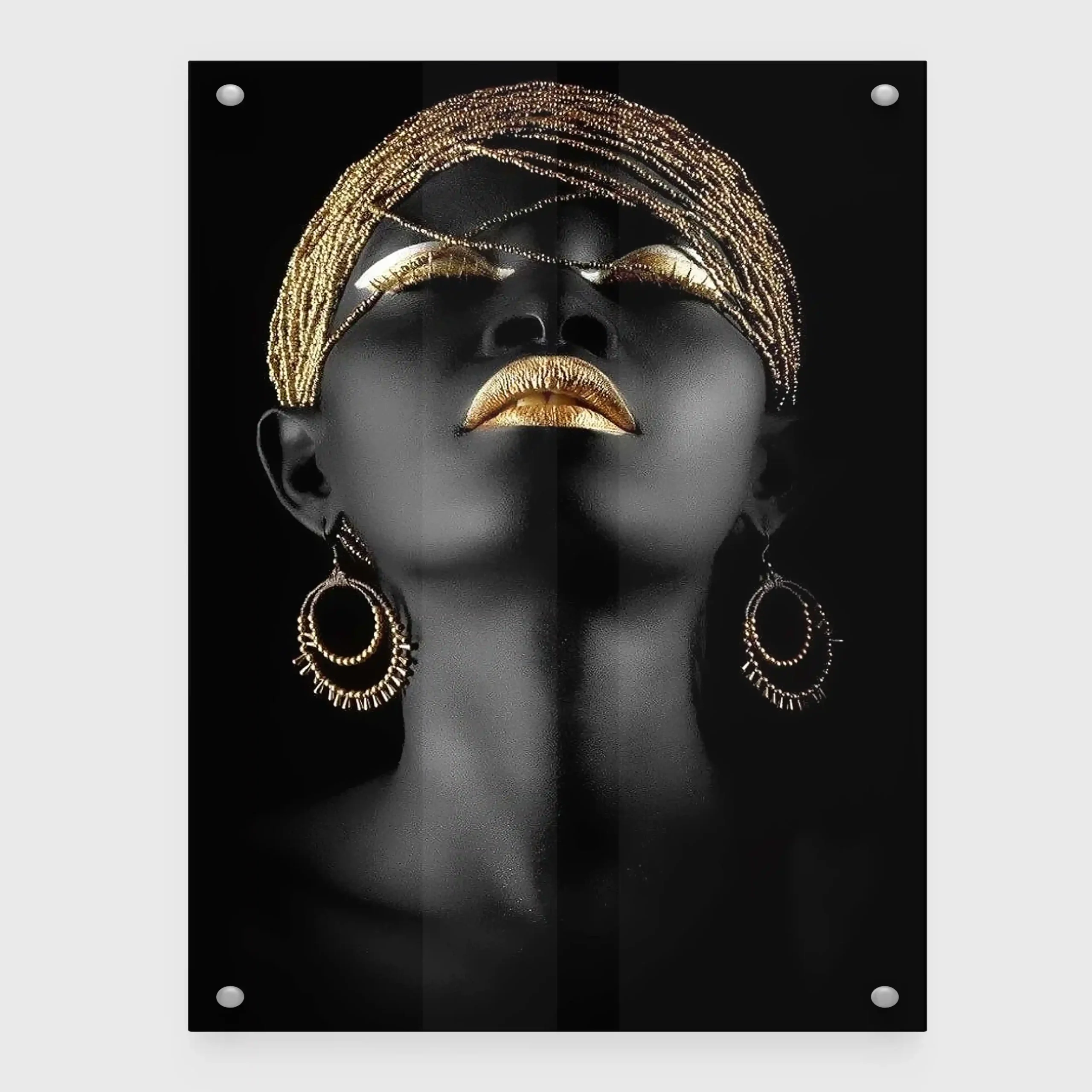 Abstract portrait of a woman with gold earrings and accents.