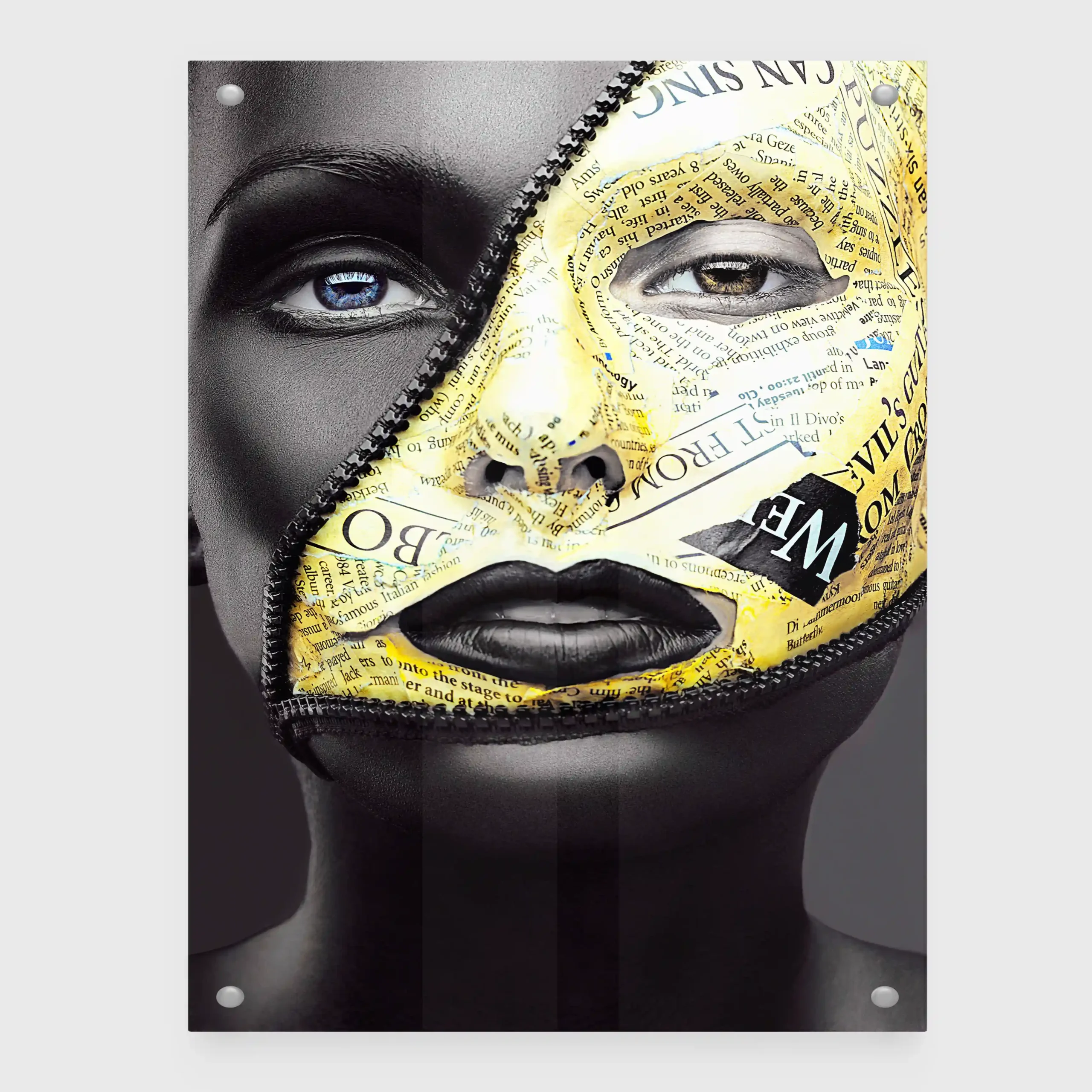 Abstract portrait of a woman with gold and black face paint.