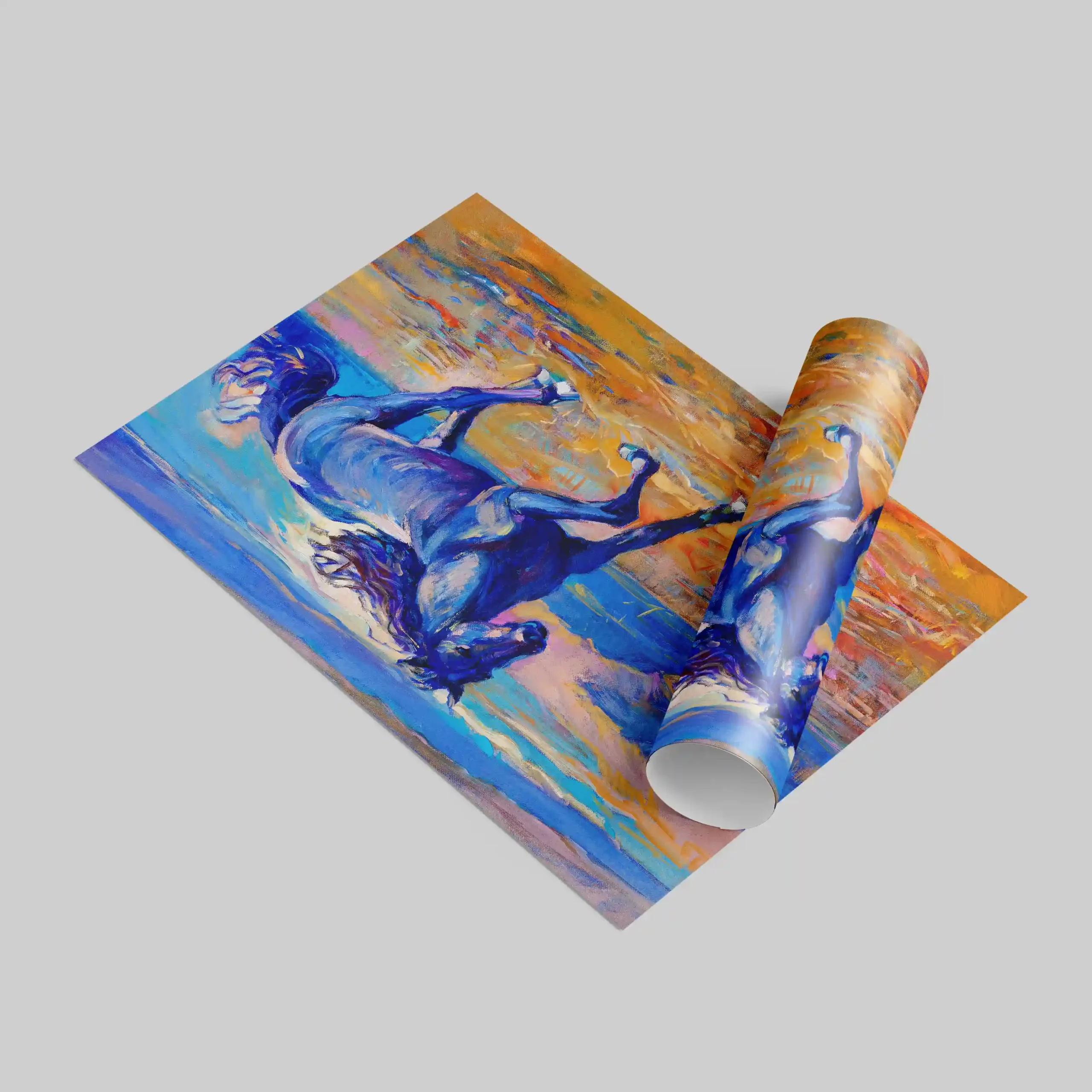 Abstract painting of a blue horse running.